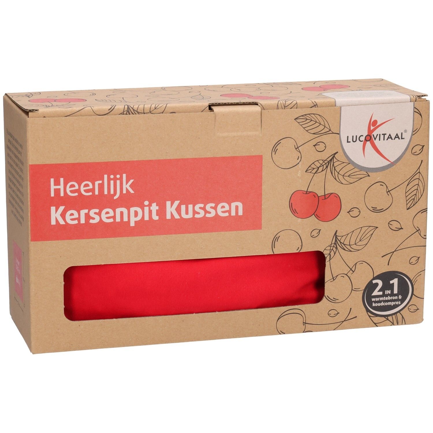 Rood kussen in bruine verpakking. Opschrift: Heerlijk Kersenpit Kussen. Logo Lucovitaal. 2-in-1 kompres.