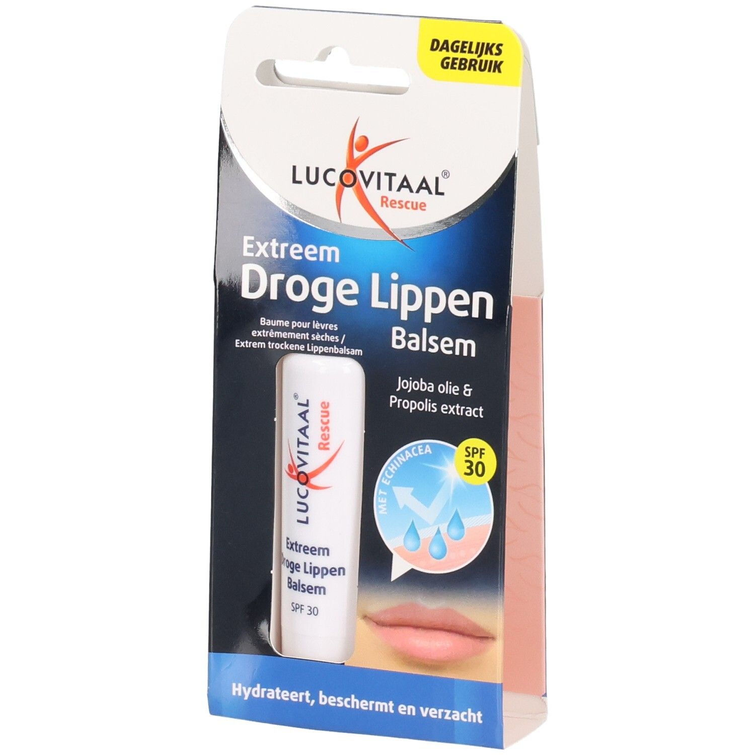 Verpakking lippenbalsem. Productnaam: Lucovitaal. Tekst: Extreem Droge Lippen Balsem. Bevat SPF 30. Met jojoba-olie en propolis extract.