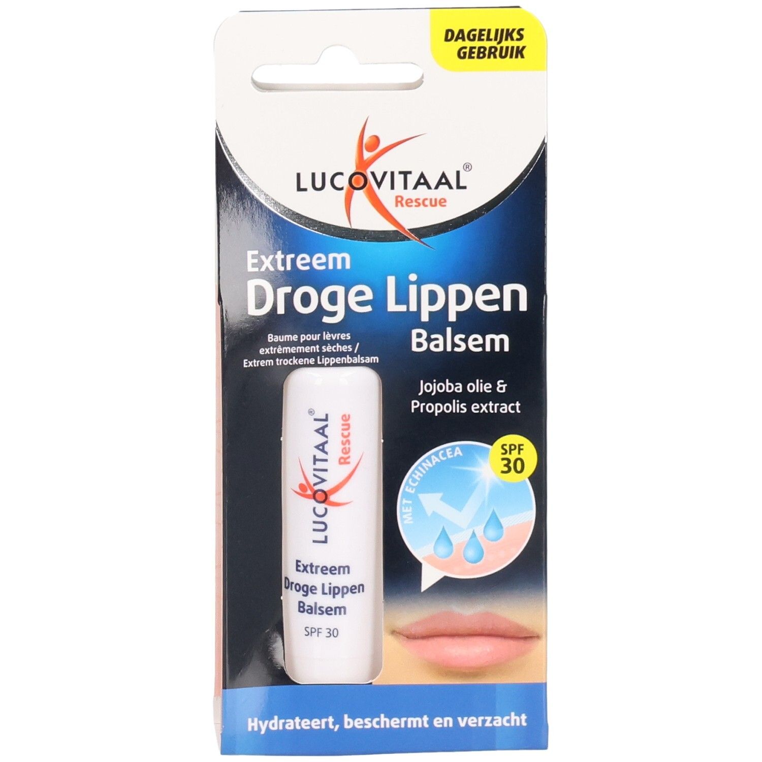 Verpakking lippenbalsem. Productnaam: Lucovitaal. Tekst: Extreem Droge Lippen Balsem. Bevat SPF 30. Met jojoba-olie en propolis extract.