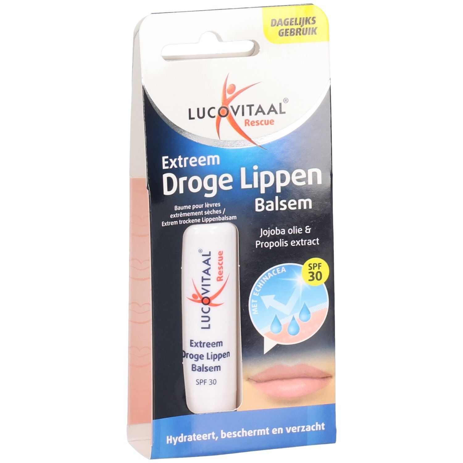 Verpakking lippenbalsem. Productnaam: Lucovitaal. Tekst: Extreem Droge Lippen Balsem. Bevat SPF 30. Met jojoba-olie en propolis extract.