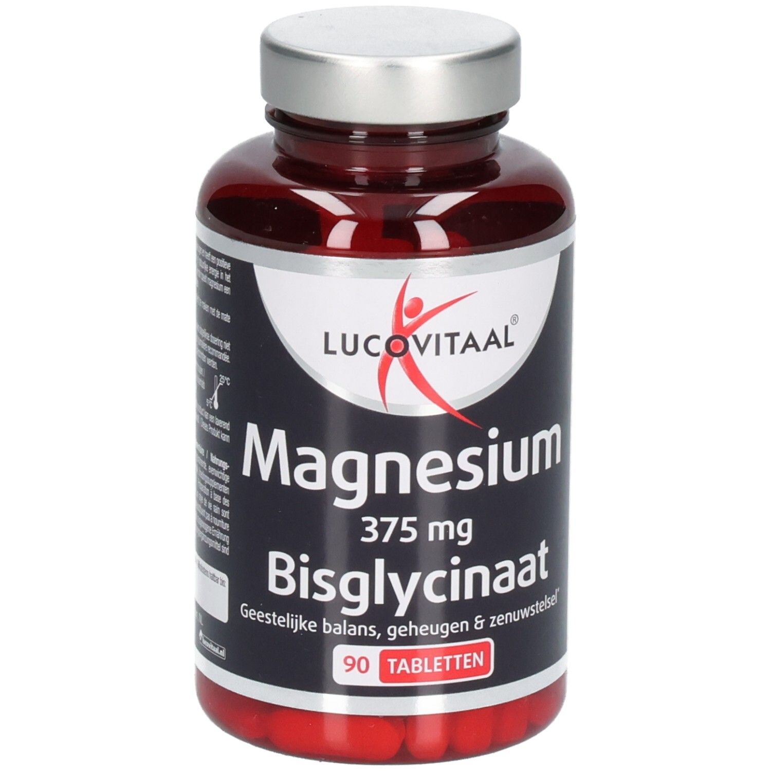 Bruine fles met tabletten. Opschrift: Lucovitaal, Magnesium 375 mg Bisglycinaat, 90 tabletten.