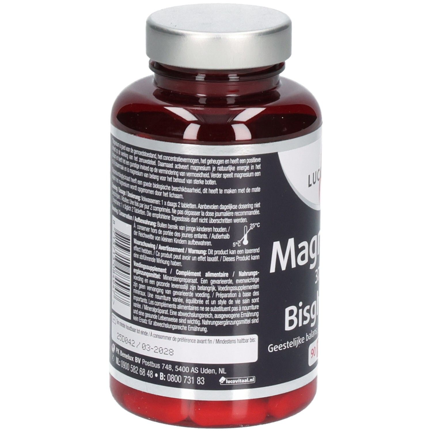 Achterkant van een bruine fles met tabletten. Tekstinformatie en barcode.