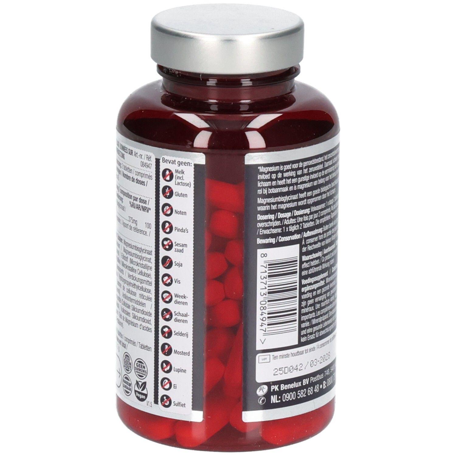 Zijaanzicht van een bruine fles met tabletten. Tekstinformatie en barcode.
