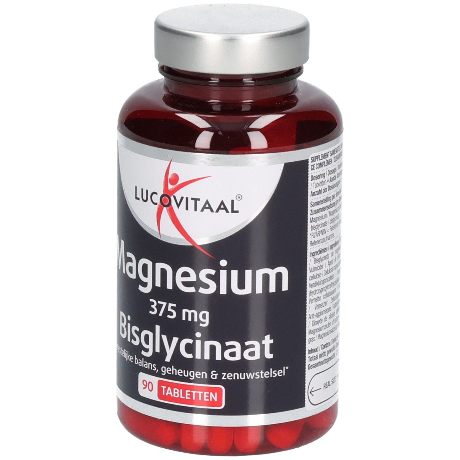 Bruine fles met tabletten. Opschrift: Lucovitaal, Magnesium 375 mg Bisglycinaat, 90 tabletten.
