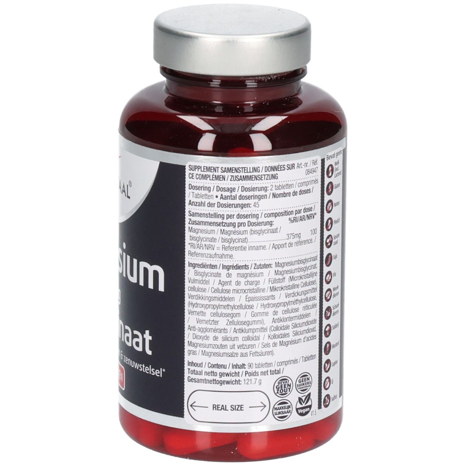 Achterkant van een bruine fles met tabletten. Tekstinformatie en ingrediënten.