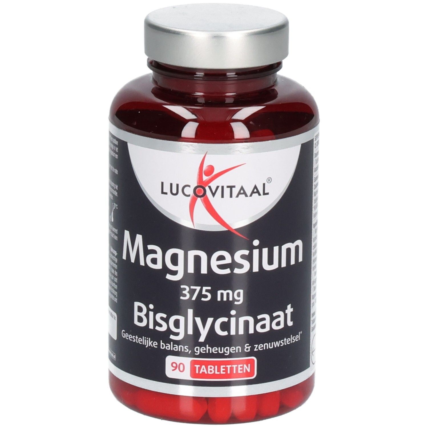 Bruine fles met tabletten. Opschrift: Lucovitaal, Magnesium 375 mg Bisglycinaat, 90 tabletten.