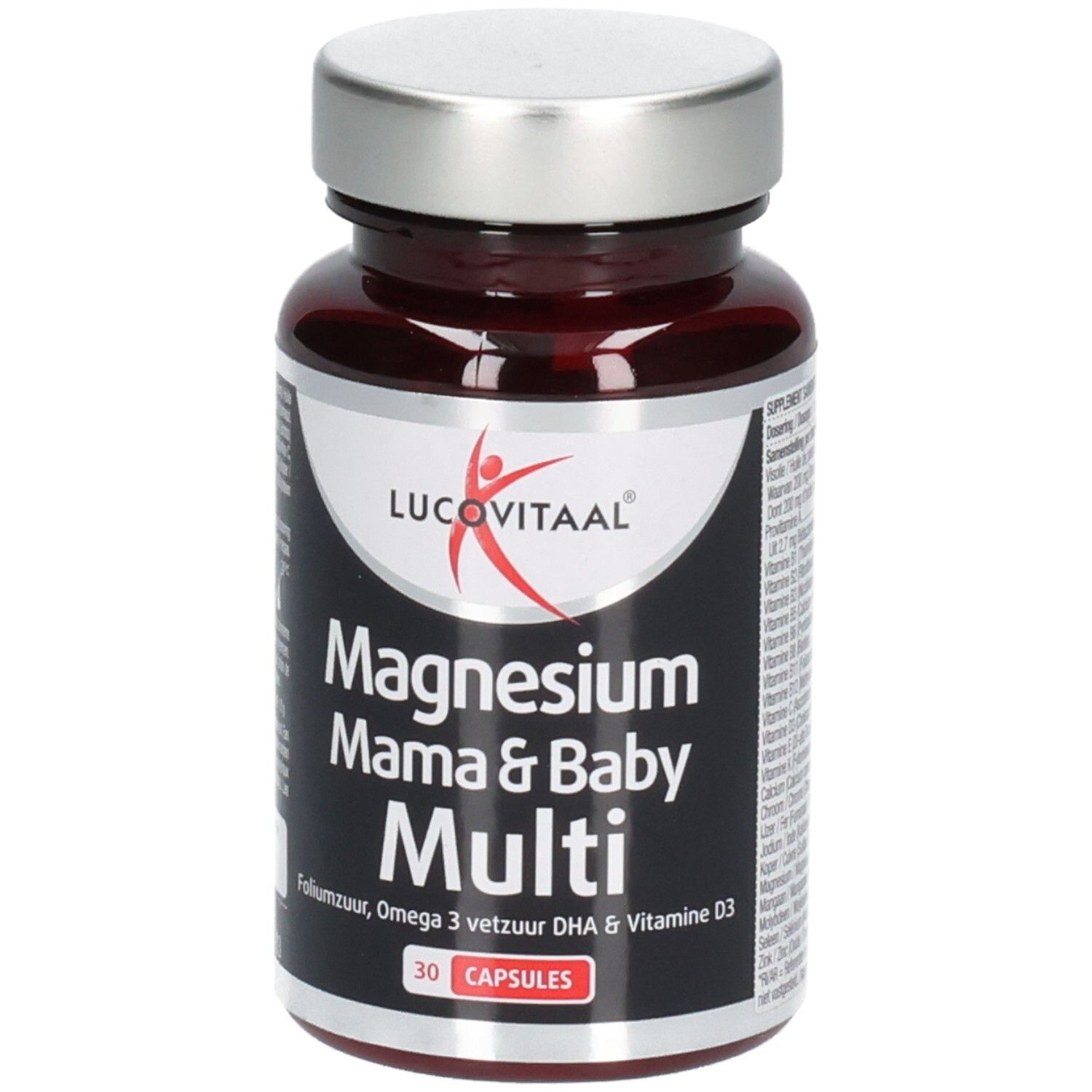 Bruine fles met capsules. Opschrift: Lucovitaal, Magnesium Mama & Baby Multi, 30 capsules.
