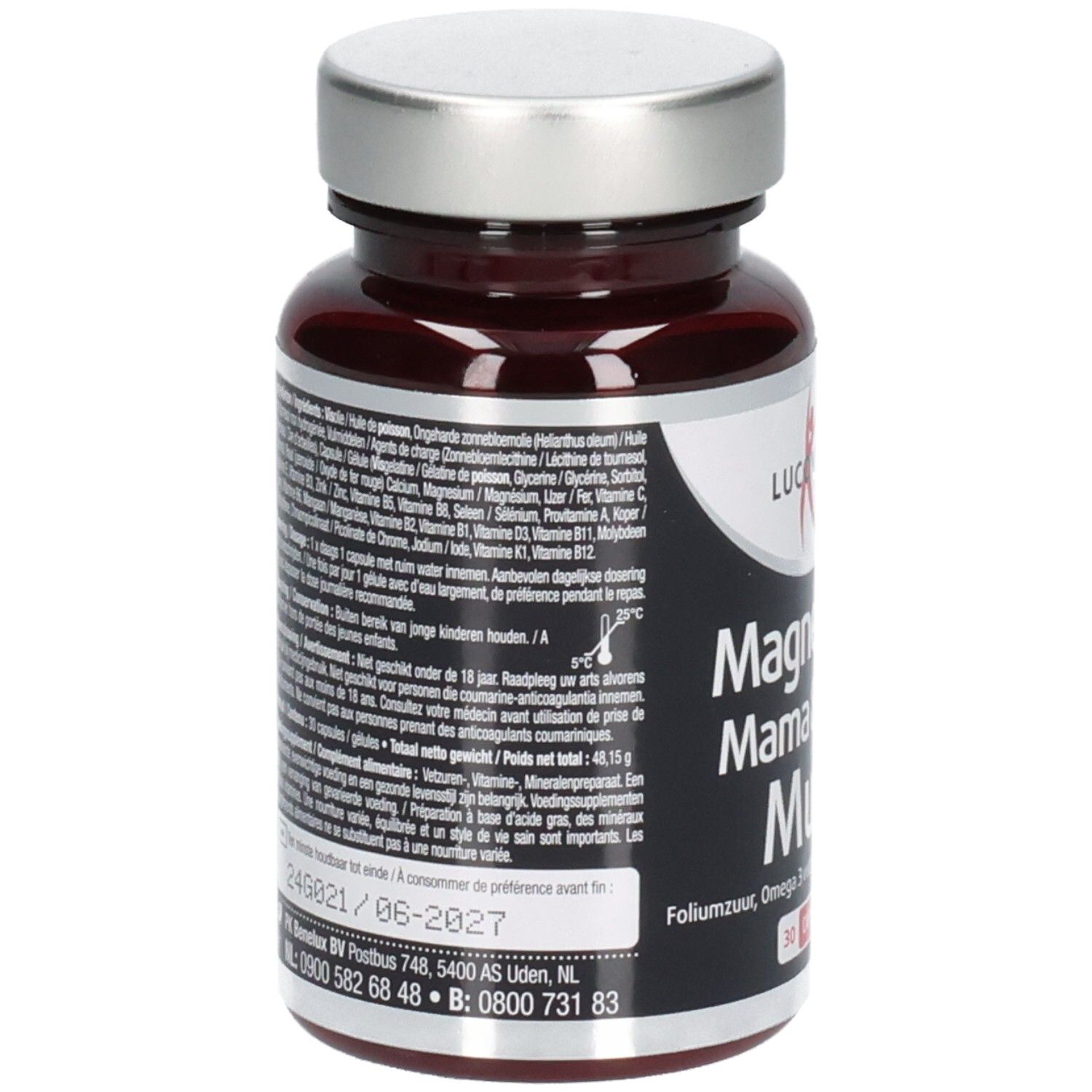Achterkant fles met productinformatie. Opschrift: Lucovitaal, Magnesium Mama & Baby Multi.