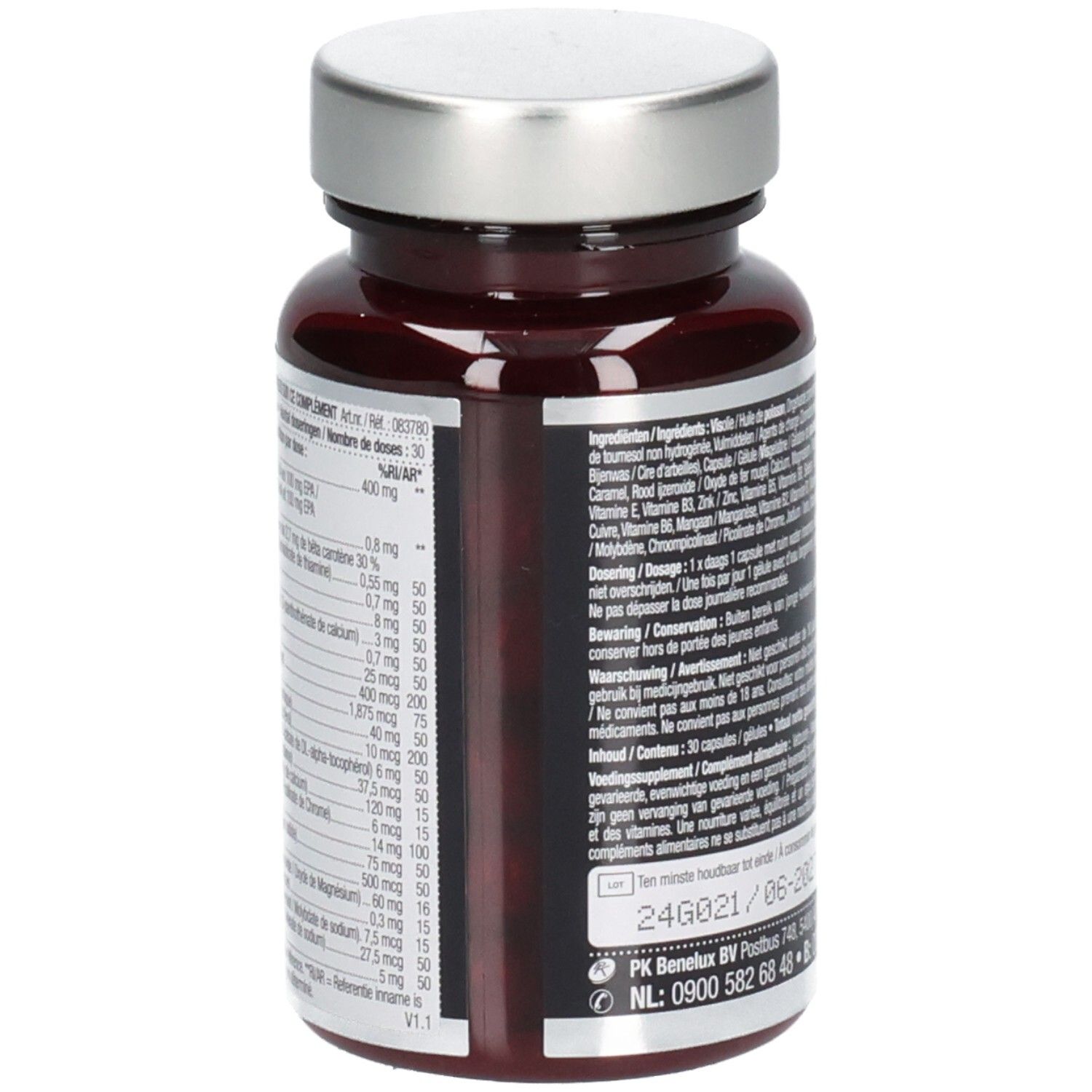 Achterkant fles met ingrediënten en dosering. Opschrift: Lucovitaal, Magnesium Mama & Baby Multi.