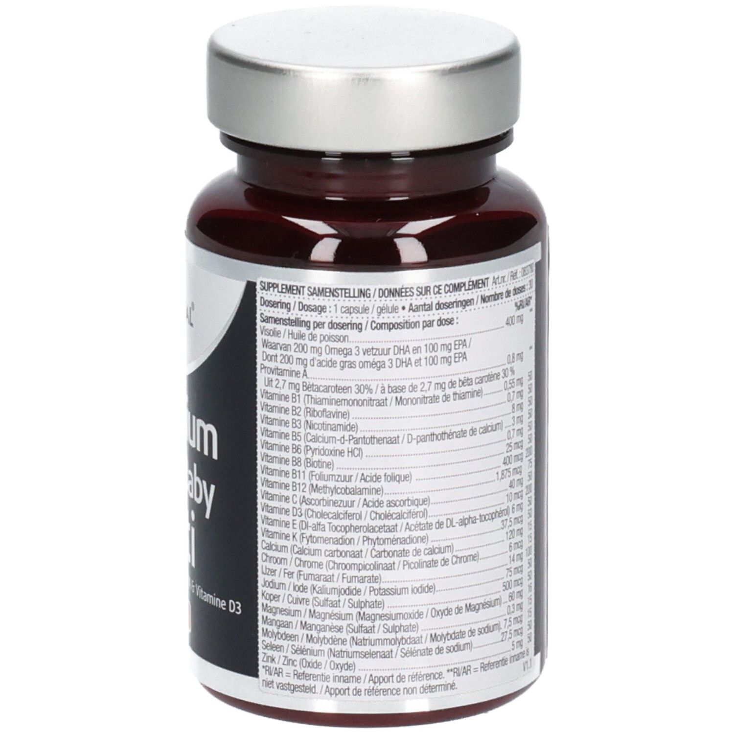 Achterkant fles met voedingswaarde. Opschrift: Lucovitaal, Magnesium Mama & Baby Multi.