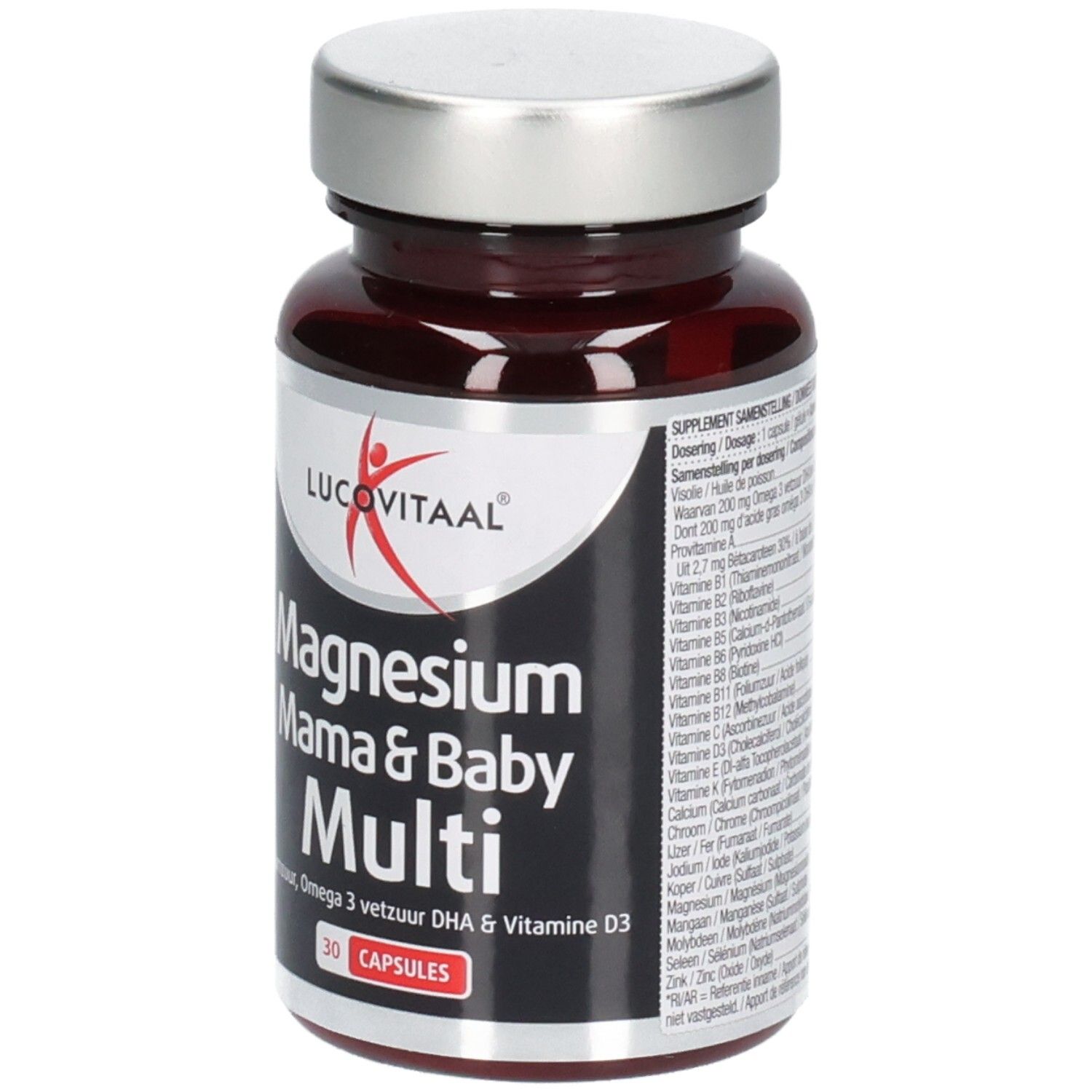 Bruine fles met capsules. Opschrift: Lucovitaal, Magnesium Mama & Baby Multi, 30 capsules.