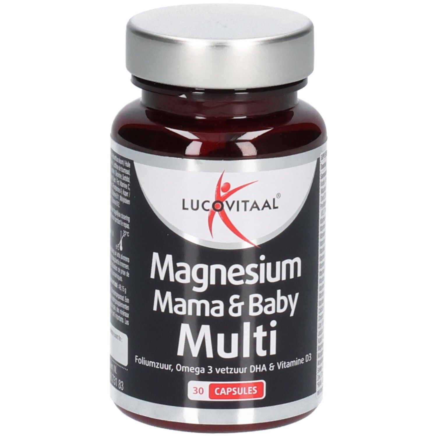 Bruine fles met capsules. Opschrift: Lucovitaal, Magnesium Mama & Baby Multi, 30 capsules.