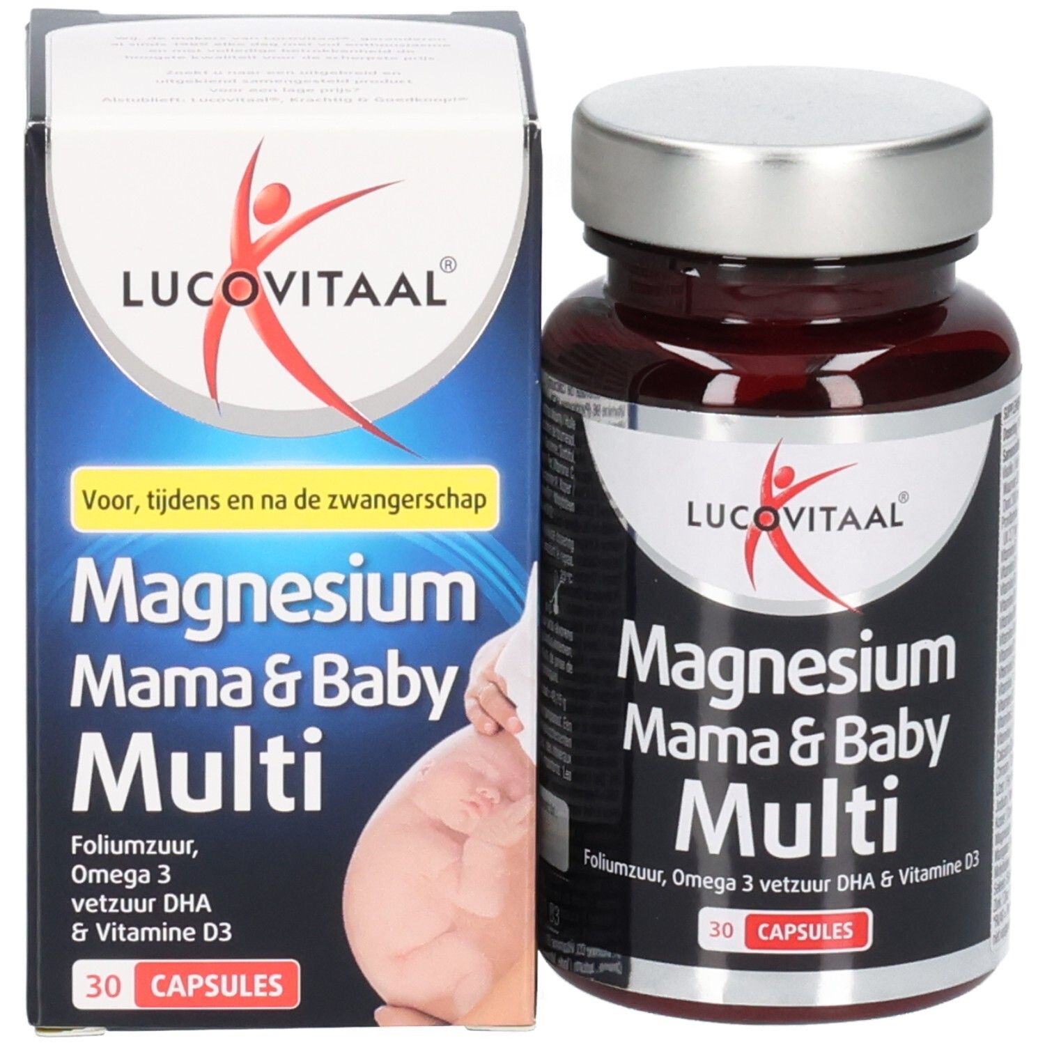 Productverpakking en fles. Opschrift: Lucovitaal, Magnesium Mama & Baby Multi, 30 capsules.