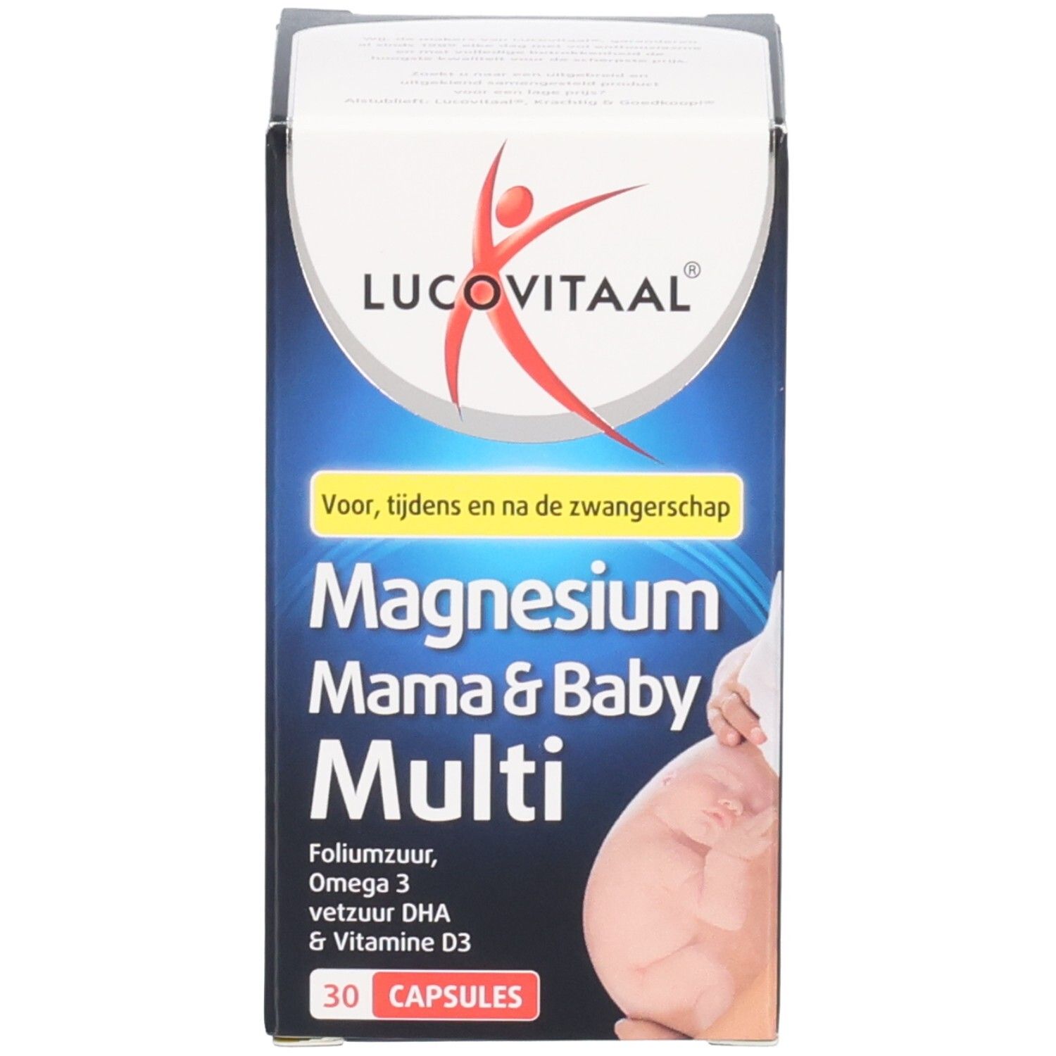 Productverpakking. Opschrift: Lucovitaal, Magnesium Mama & Baby Multi, 30 capsules.