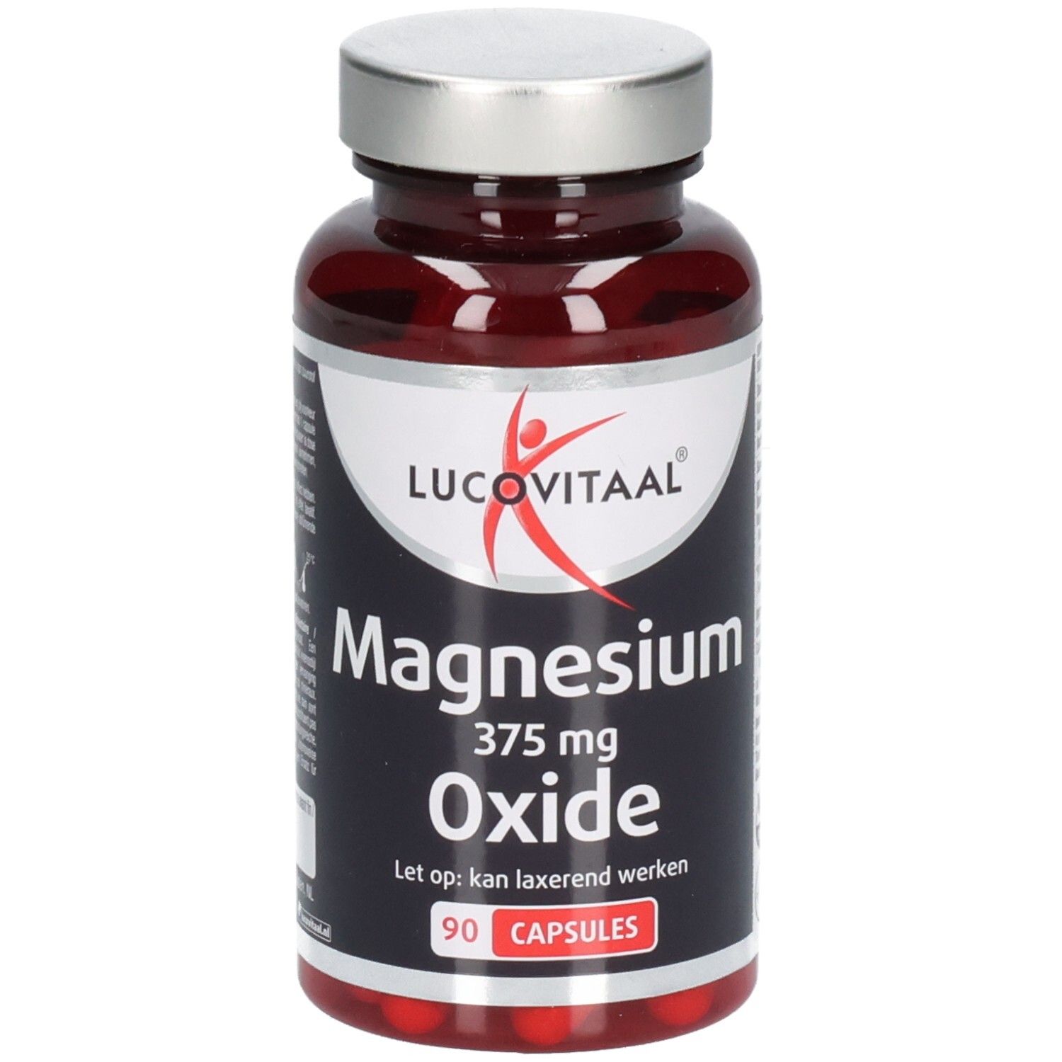 Bruine fles met zilveren dop. Opschrift: Lucovitaal, Magnesium Oxide, 375 mg, 90 capsules.