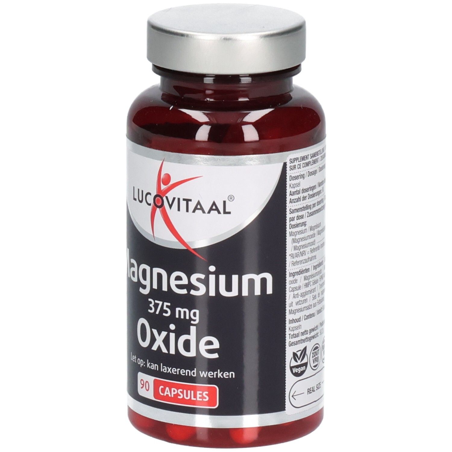 Bruine fles met zilveren dop. Opschrift: Lucovitaal, Magnesium Oxide, 375 mg, 90 capsules. Vegan keurmerk.