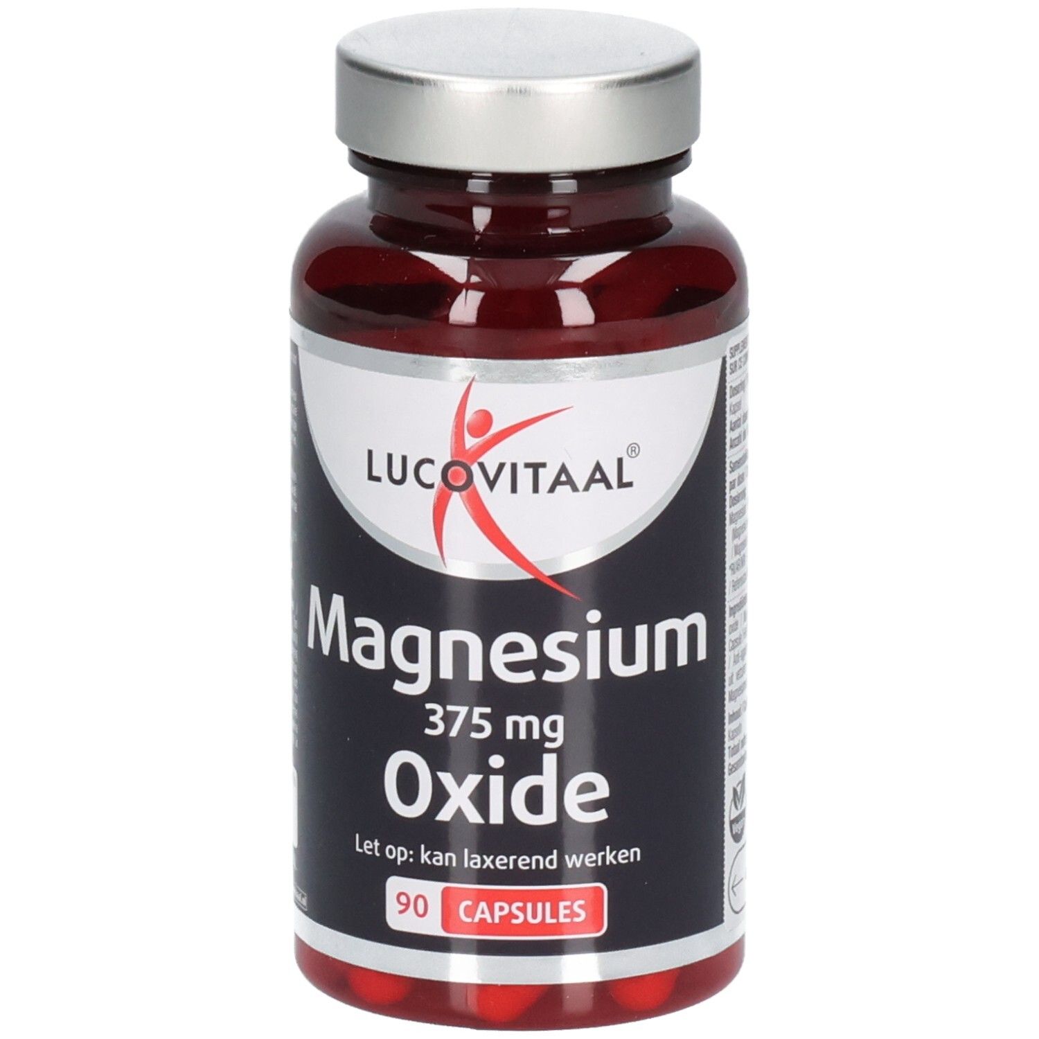 Bruine fles met zilveren dop. Opschrift: Lucovitaal, Magnesium Oxide, 375 mg, 90 capsules.