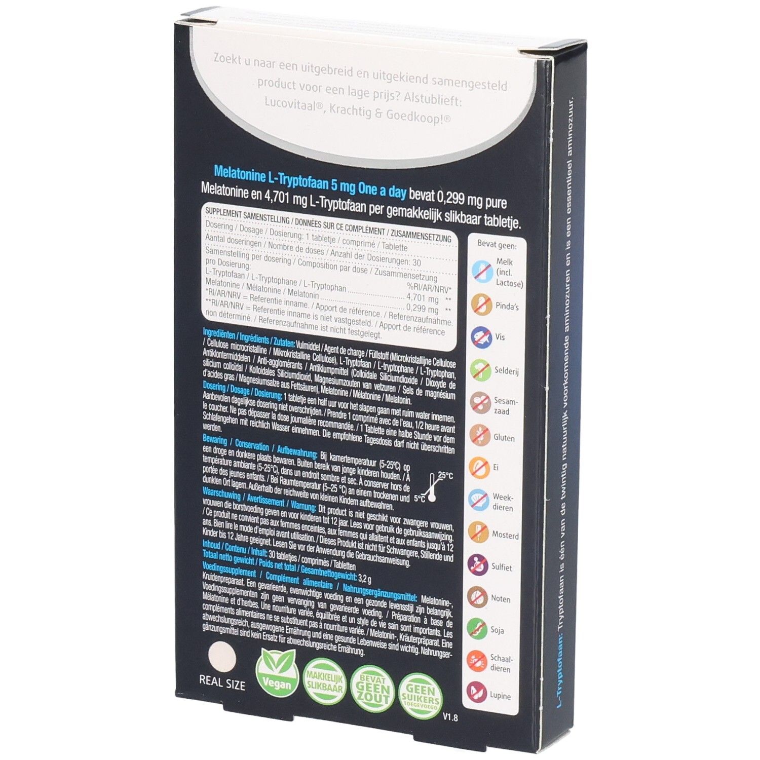 Dos de la boîte "Lucovitaal Melatonine L-Tryptofaan". Contient des informations sur les ingrédients et la valeur nutritionnelle. Divers logos.