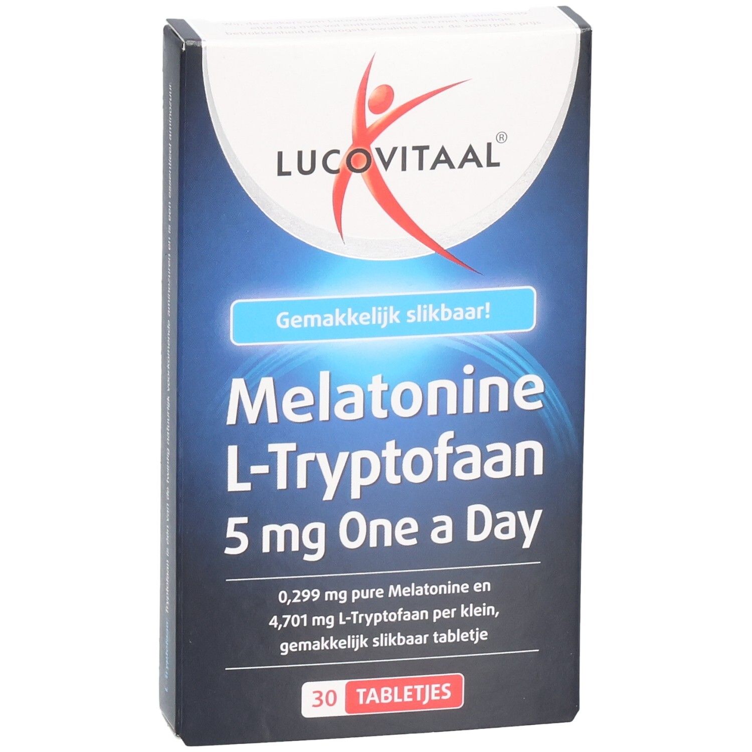 Vue de face de la boîte "Lucovitaal Melatonine L-Tryptofaan". Emballage bleu et blanc. Contient 30 comprimés. "Gemakkelijk slikbaar!"
