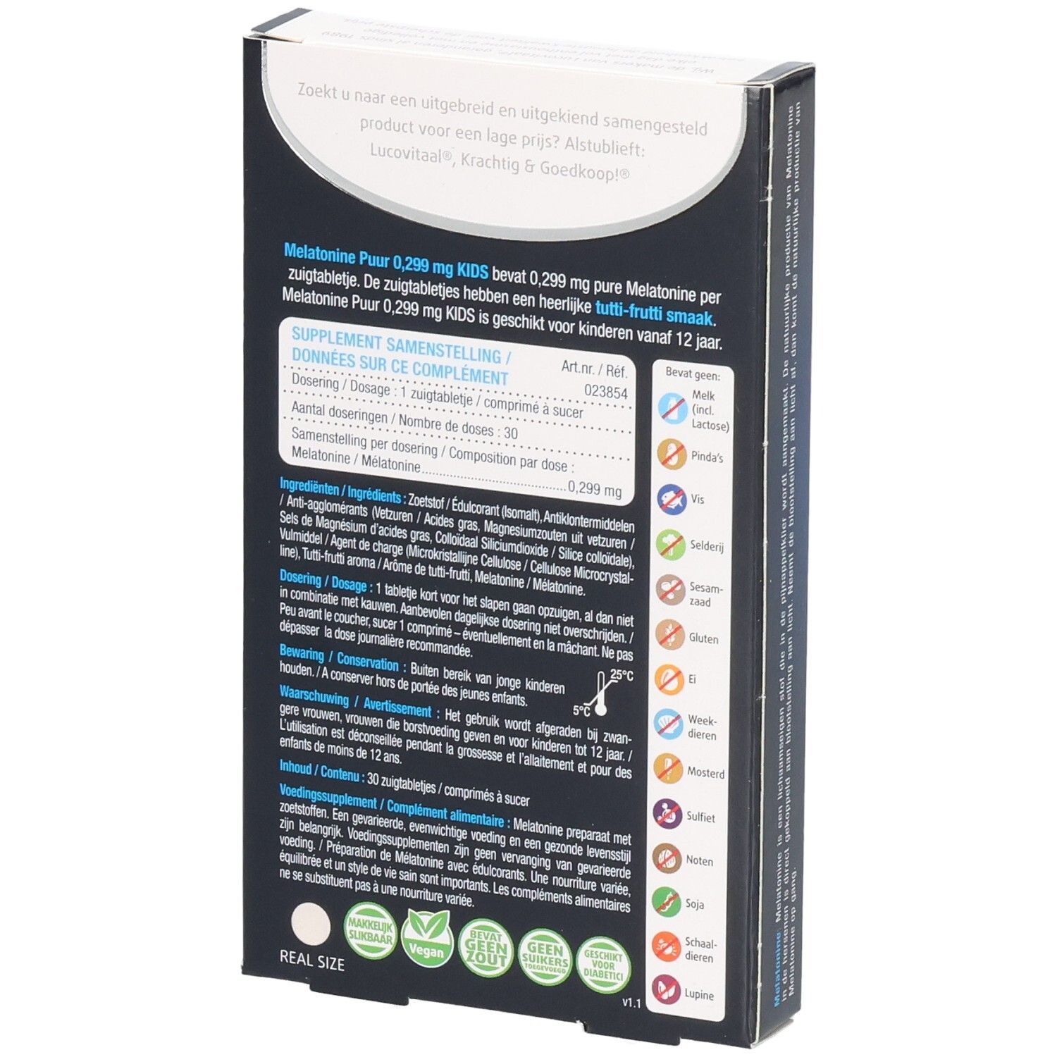 Achterkant doosje Lucovitaal Melatonine Kids. Bevat informatie over ingrediënten en dosering. 30 zuigtabletten.