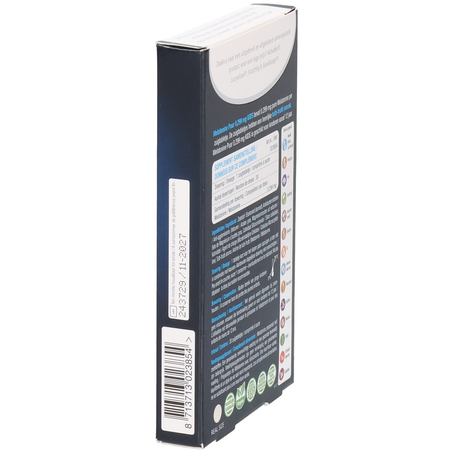 Zijaanzicht doosje Lucovitaal Melatonine Kids. Bevat informatie en barcode. 30 zuigtabletten.