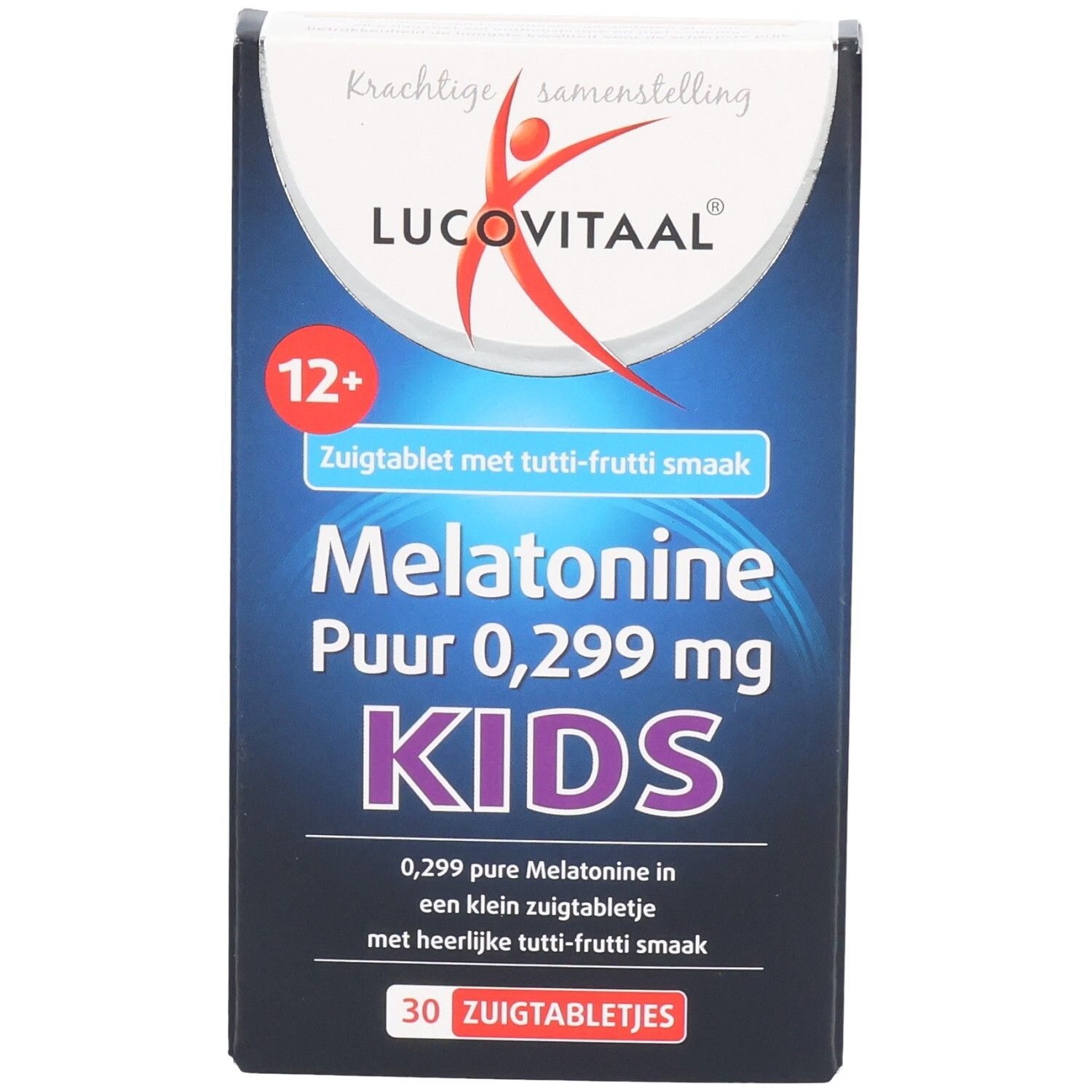 Doosje Lucovitaal Melatonine Kids. Bevat 30 zuigtabletten met tutti-frutti smaak. Voor kinderen vanaf 12 jaar.