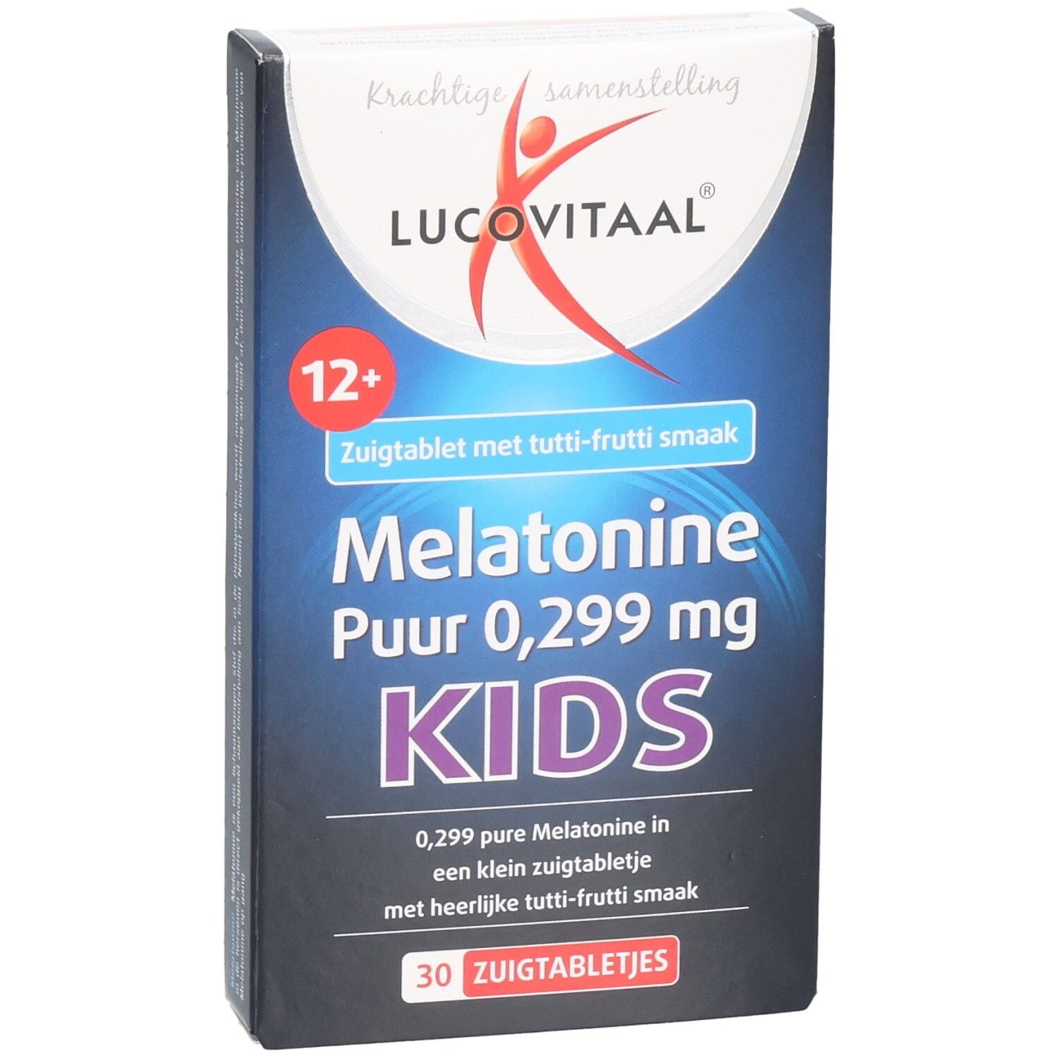 Doosje Lucovitaal Melatonine Kids. Bevat 30 zuigtabletten met tutti-frutti smaak. Voor kinderen vanaf 12 jaar.