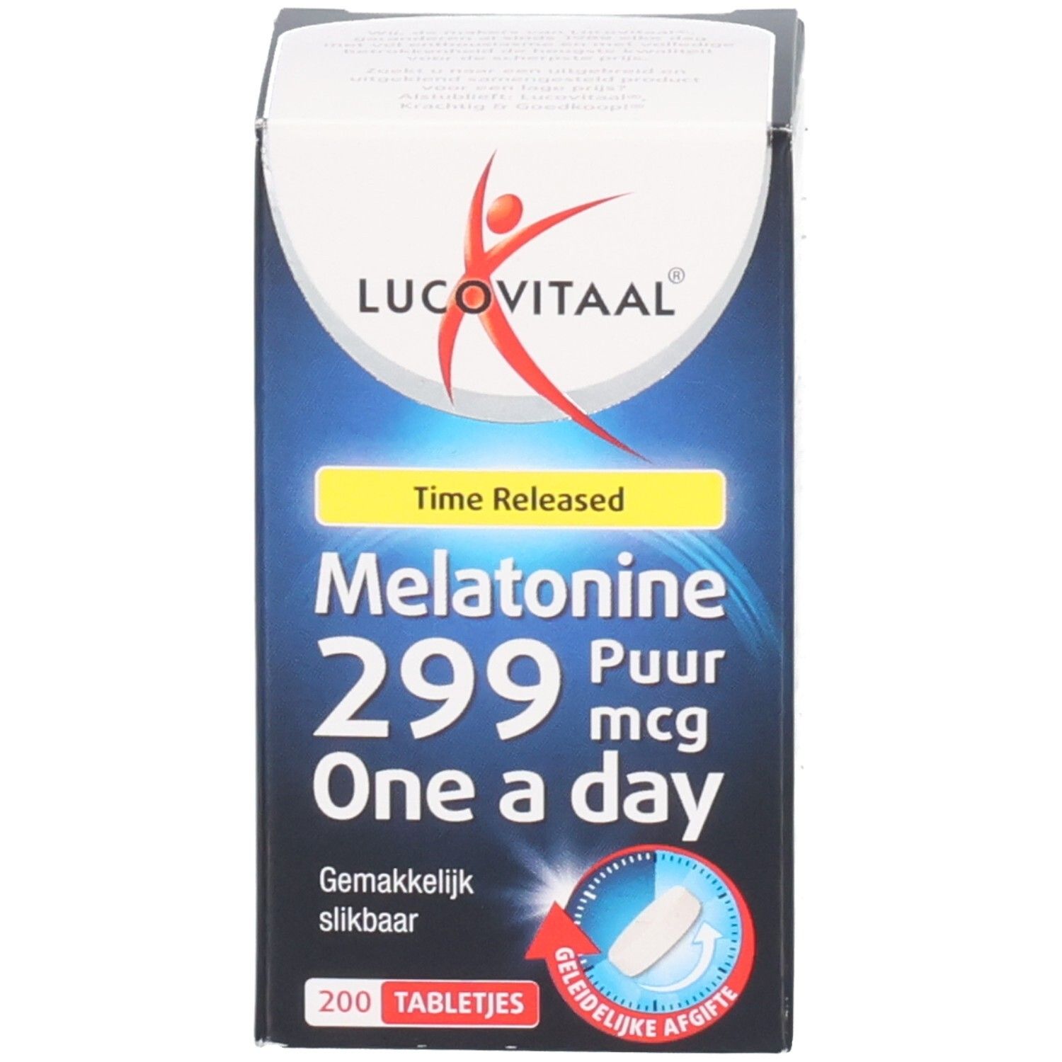 Emballage du produit. Inscription : Melatonine 299 mcg Puur. 200 comprimés. One a day.
