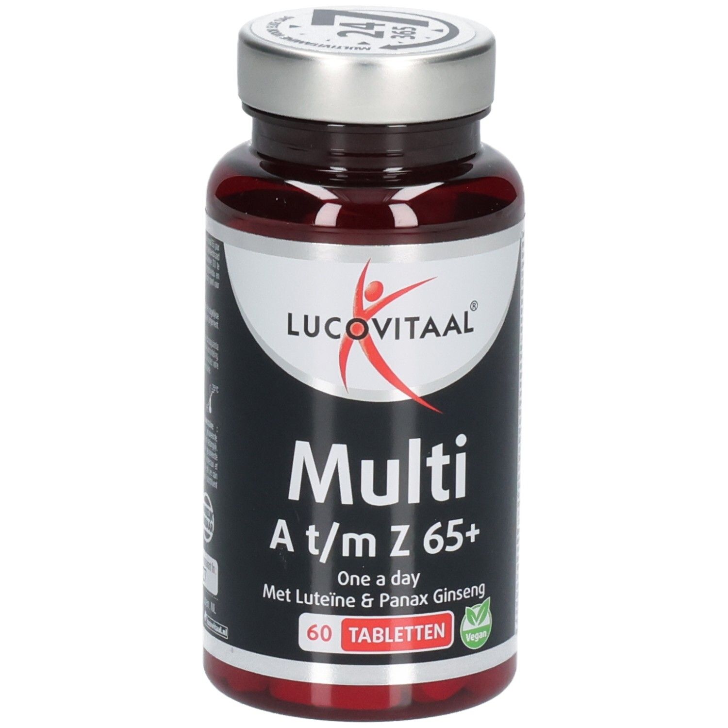 Bruine tablettenfles met zilveren dop. Opschrift: Lucovitaal, Multi A/m Z 65+, 60 tabletten. Vegan-keurmerk.