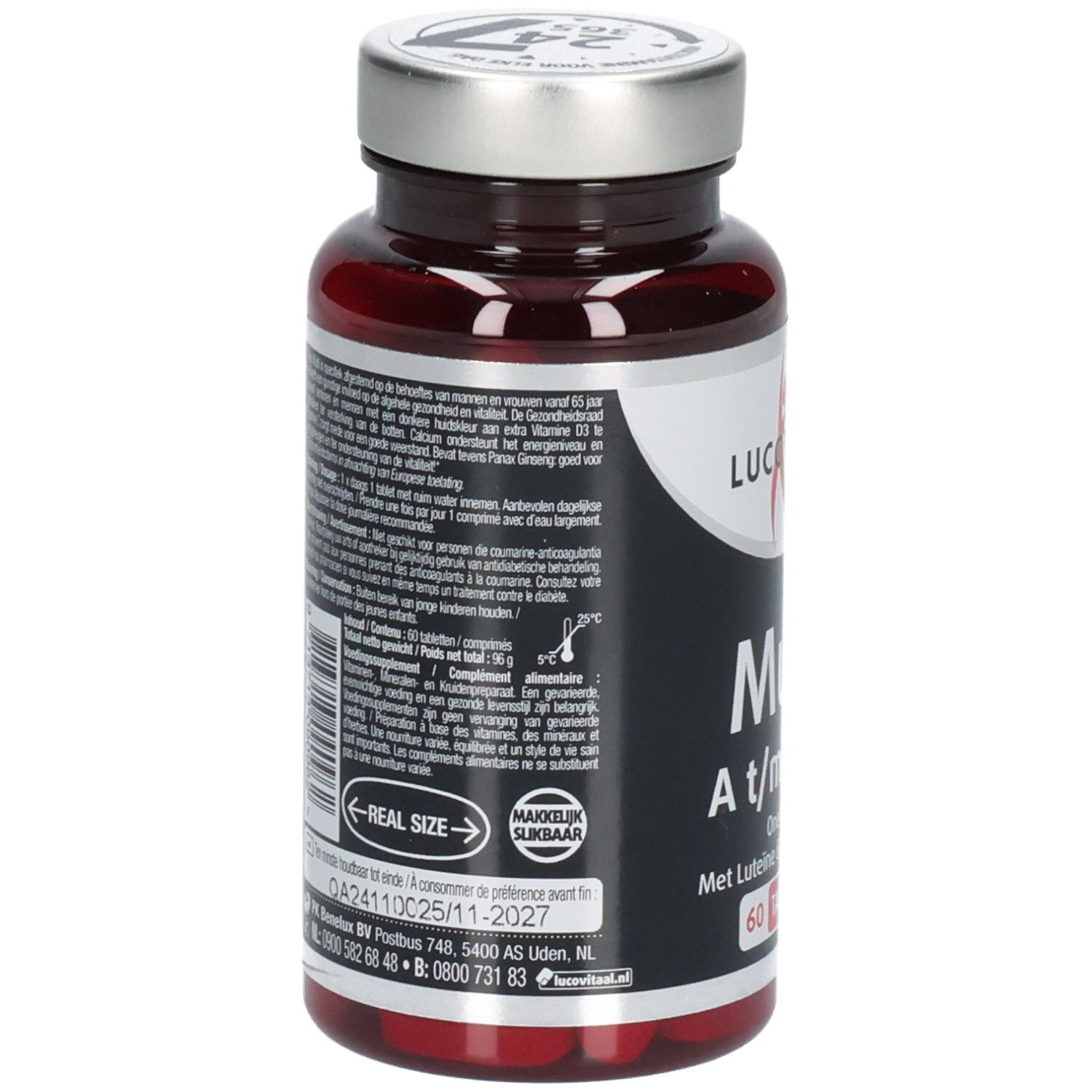 Achterkant van de tablettenfles. Tekst in meerdere talen. Opschrift: Lucovitaal. Ten minste houdbaar tot: 25/11/2027.