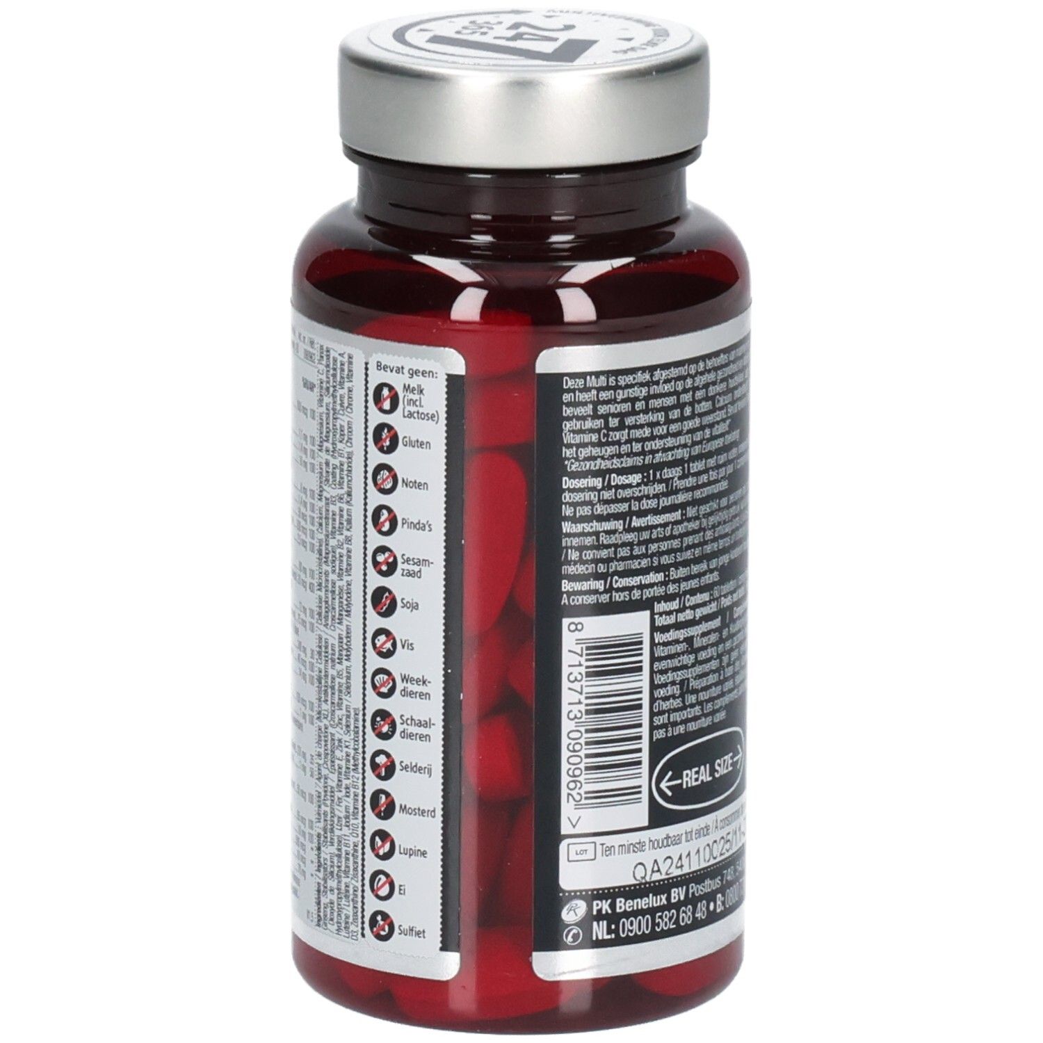 Achterkant van de tablettenfles. Tekst in meerdere talen. Allergie-informatie. Barcode en Real Size-markering.