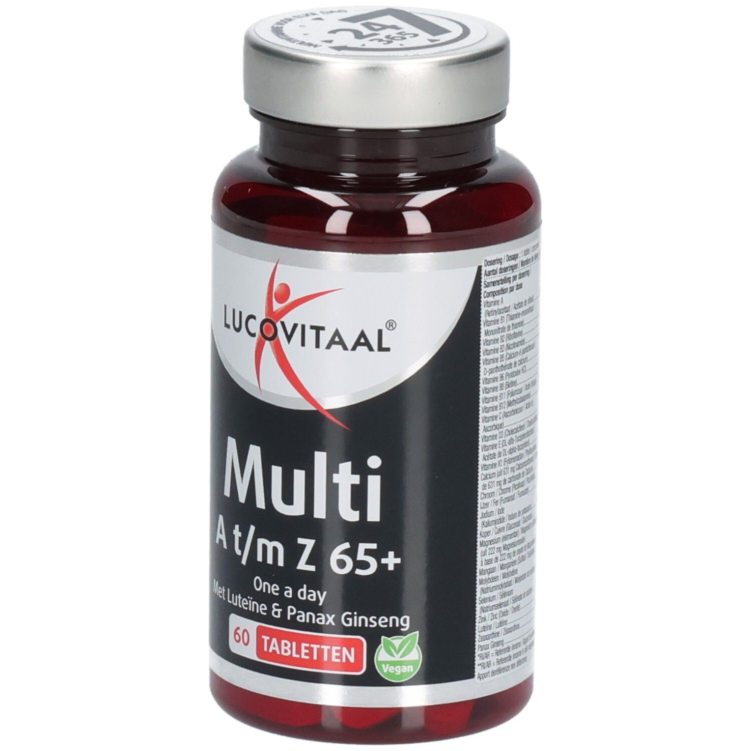 Bruine tablettenfles met zilveren dop. Opschrift: Lucovitaal, Multi A/m Z 65+, 60 tabletten. Vegan-keurmerk.