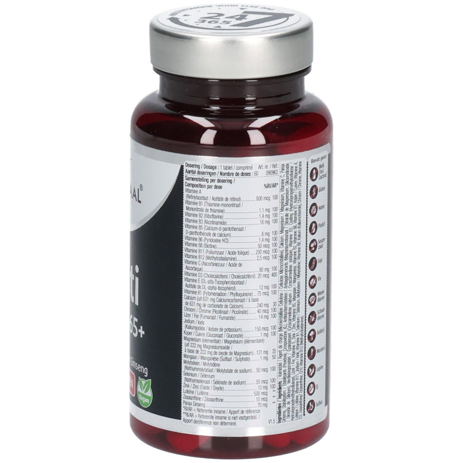 Achterkant van de tablettenfles. Lijst van ingrediënten en voedingswaarden. Opschrift: Lucovitaal, Multi A/m Z 65+.