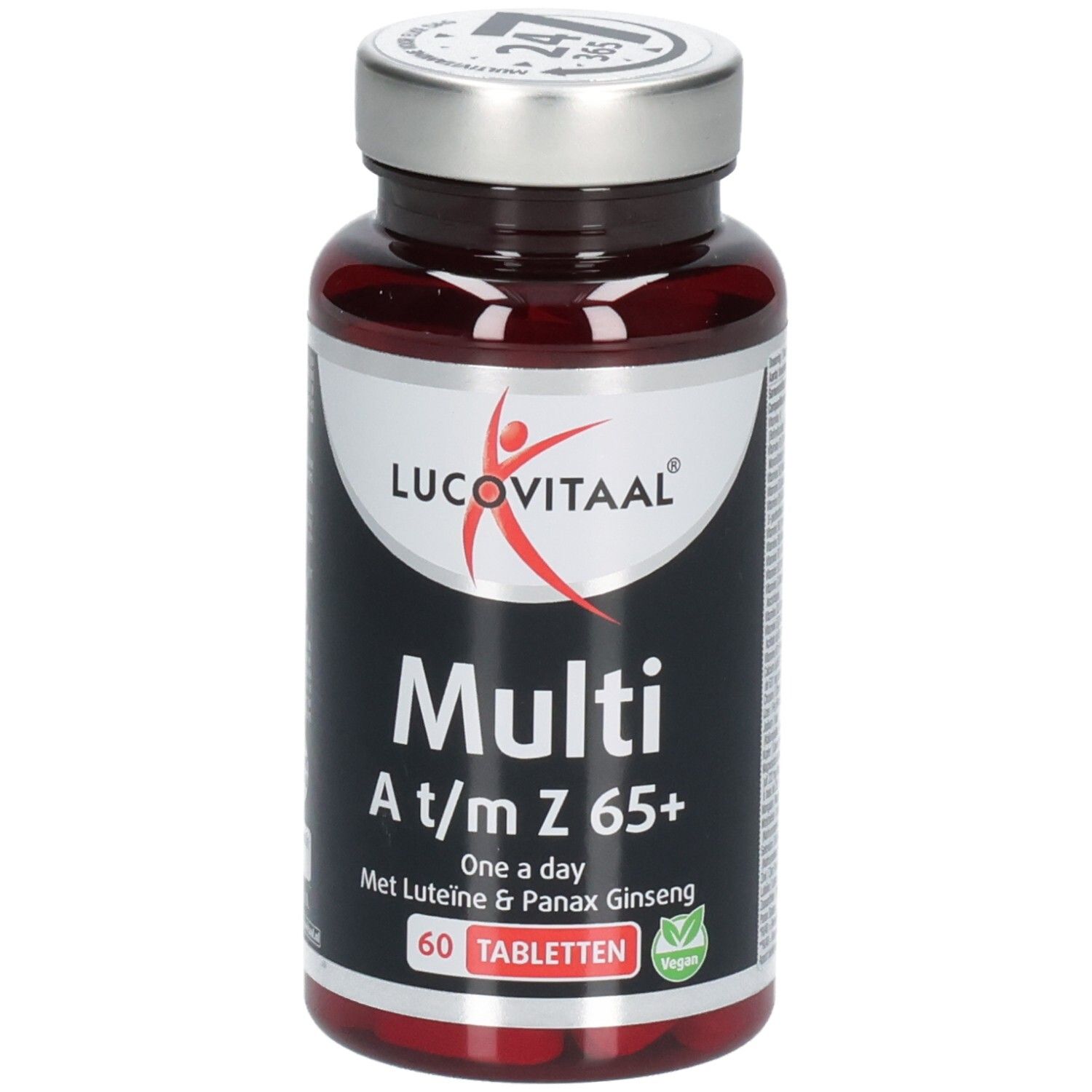 Bruine tablettenfles met zilveren dop. Opschrift: Lucovitaal, Multi A/m Z 65+, 60 tabletten. Vegan-keurmerk.