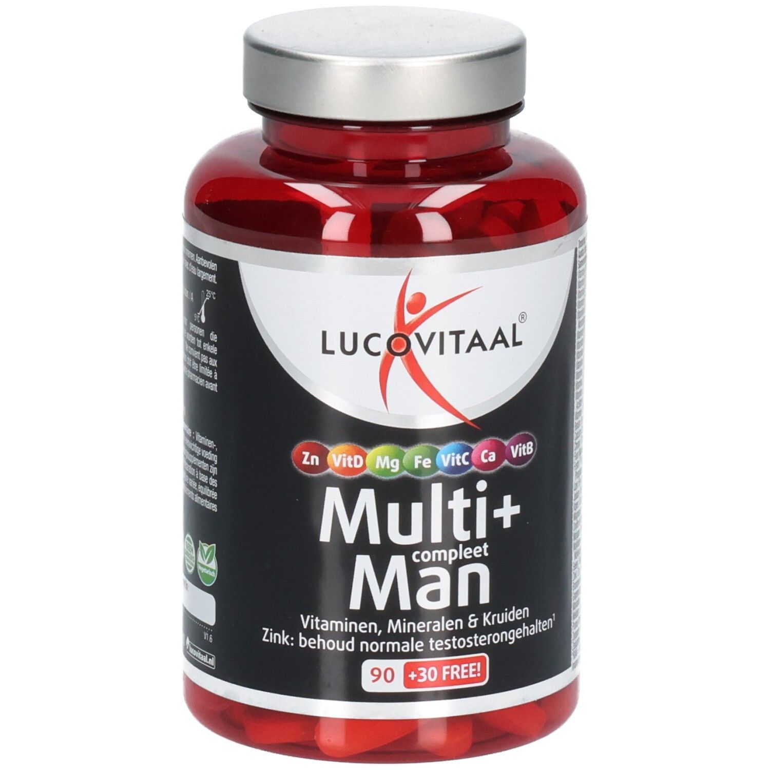 Rode plastic fles met zilveren dop. Etiket met Lucovitaal logo en productnaam Multi+ Man. Bevat 90+30 tabletten.