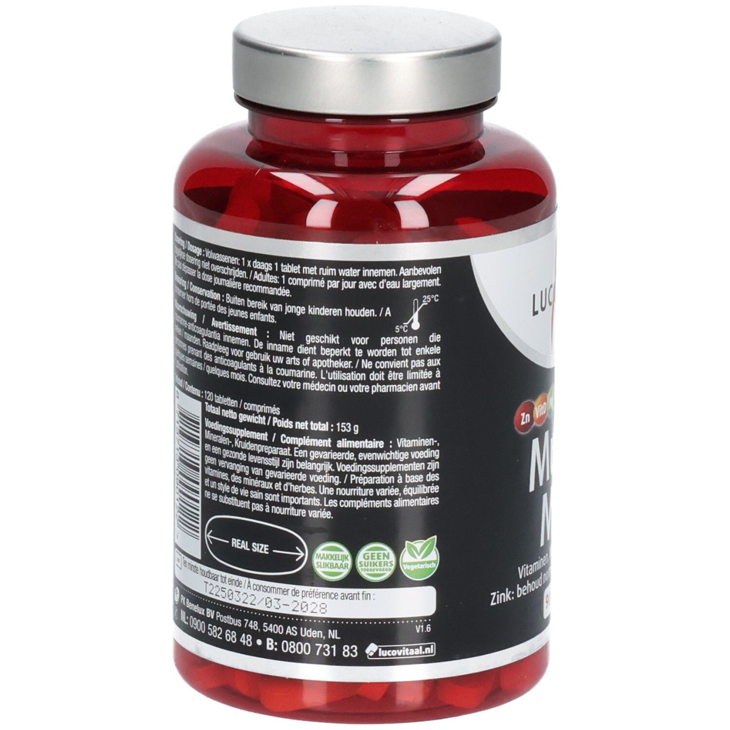 Achterkant van de rode fles. Etiket met informatie over dosering, ingrediënten en houdbaarheid. Bevat 120 tabletten.