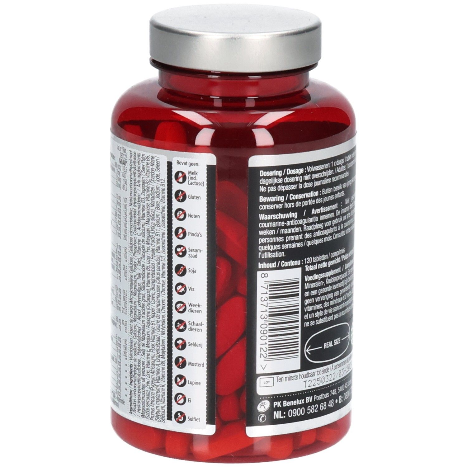Rode fles met ingrediëntenlijst. Bevat informatie over allergenen. Bevat 120 tabletten.