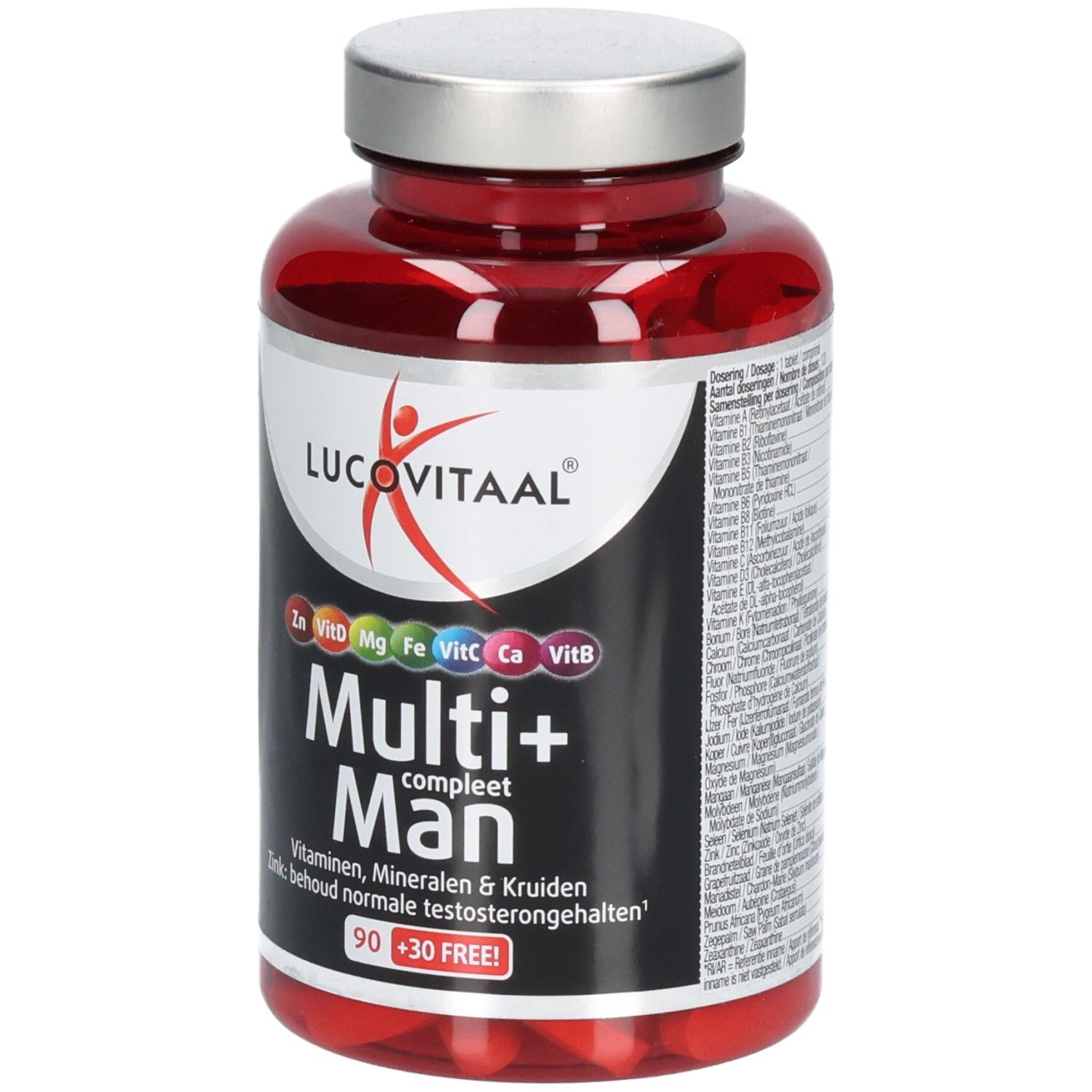 Rode plastic fles met zilveren dop. Etiket met Lucovitaal logo en productnaam Multi+ Man. Bevat 90+30 tabletten.