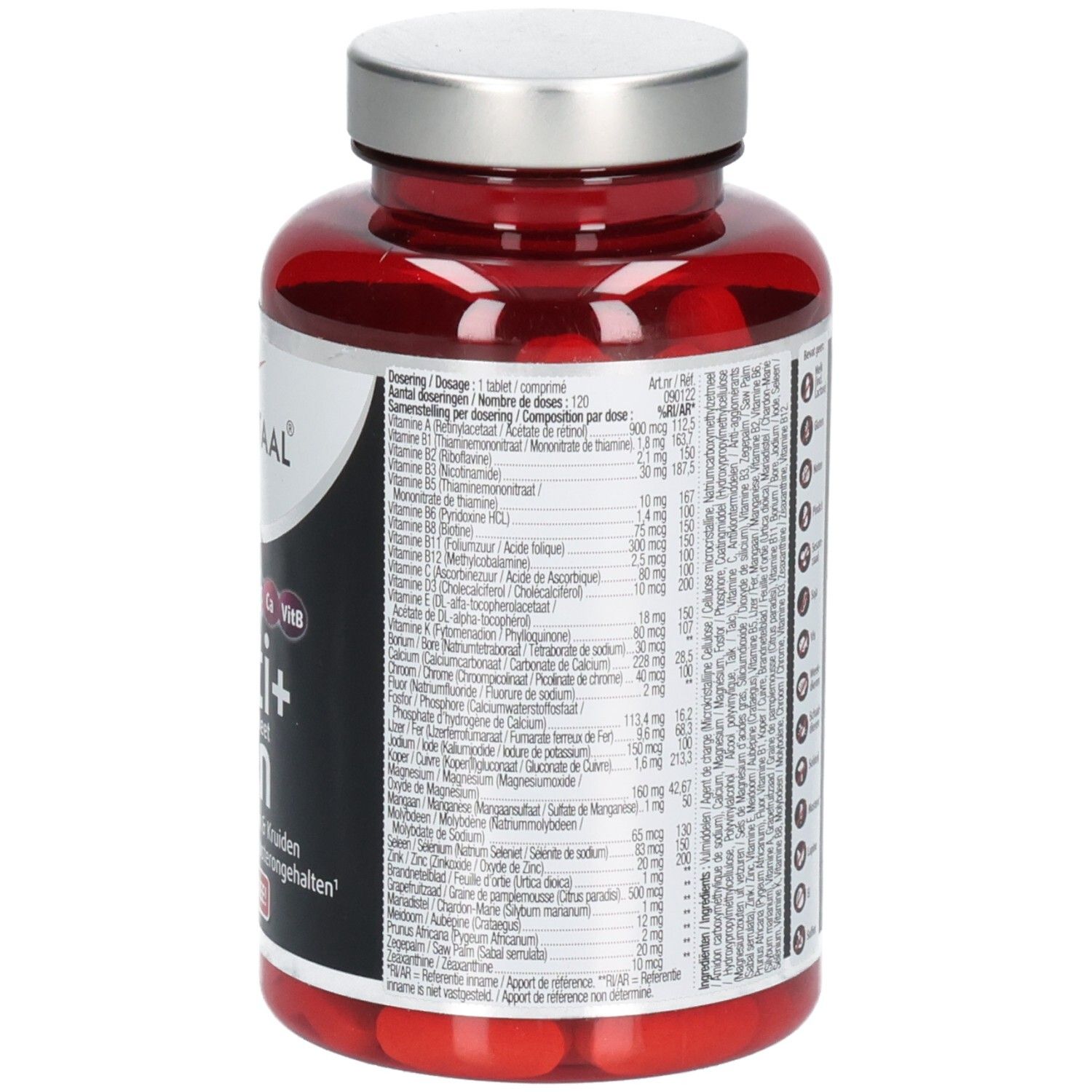 Achterkant van de rode fles. Etiket met informatie over dosering en ingrediënten. Bevat 120 tabletten.