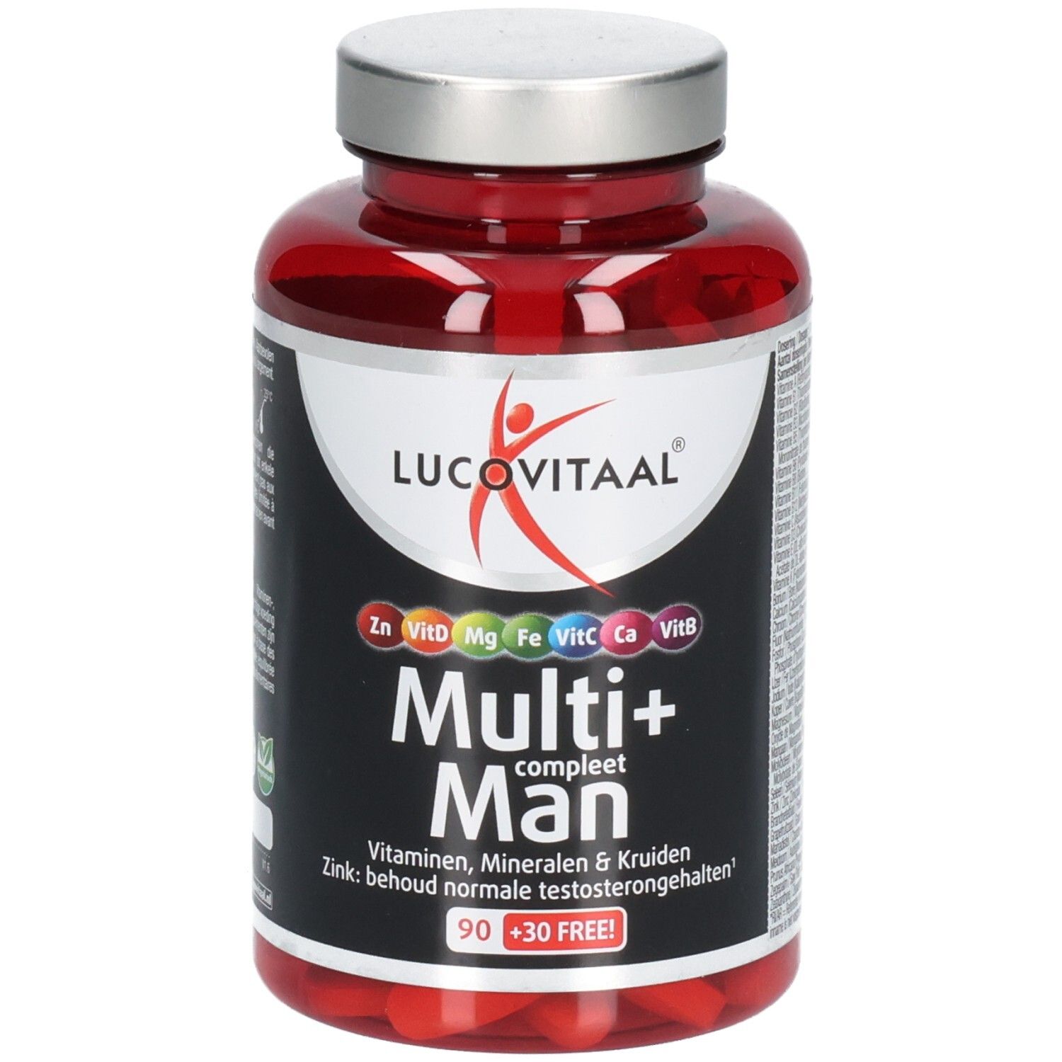 Rode plastic fles met zilveren dop. Etiket met Lucovitaal logo en productnaam Multi+ Man. Bevat 90+30 tabletten.