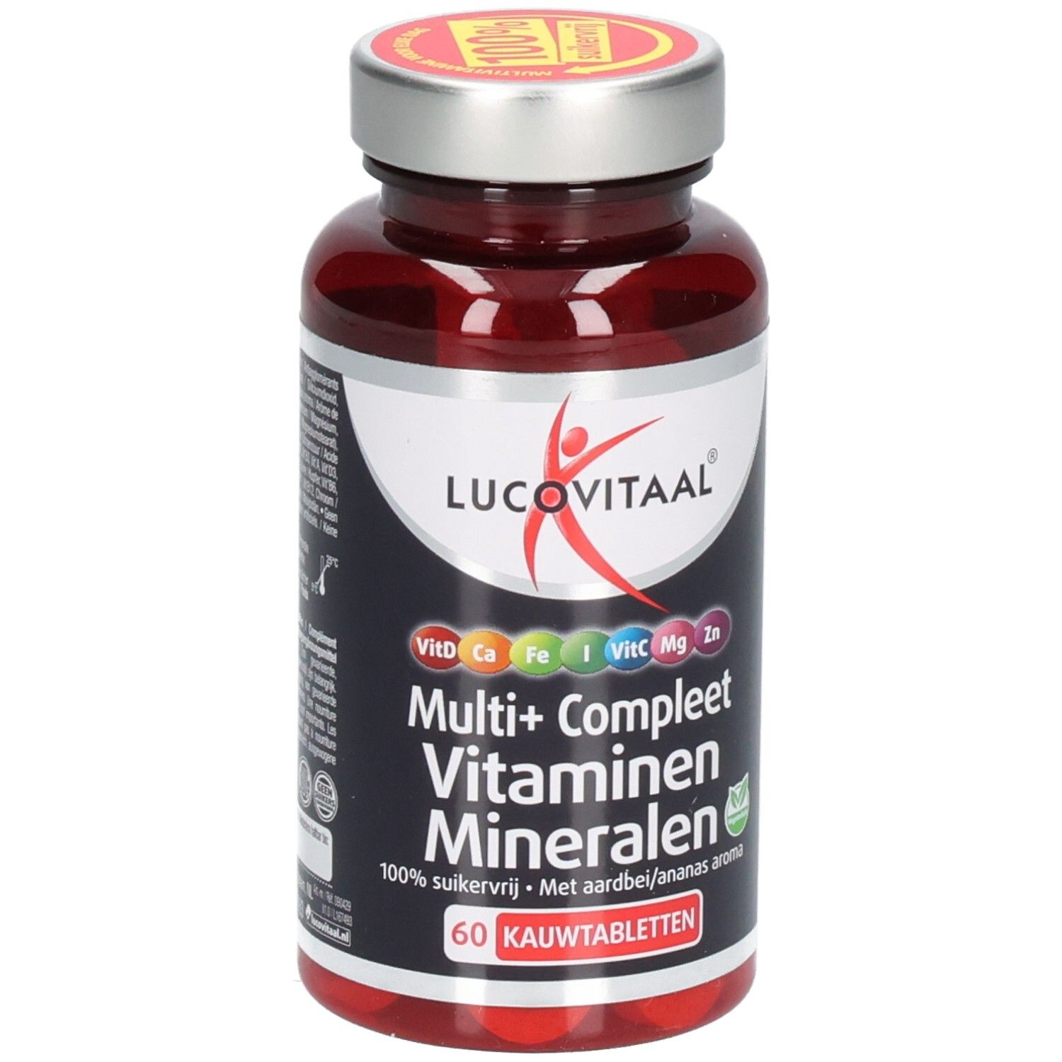 Bruine fles met tabletten. Opschrift: Lucovitaal, Multi+ Compleet Vitaminen Mineralen. 60 kauwtabletten. Dop met 100% sticker.