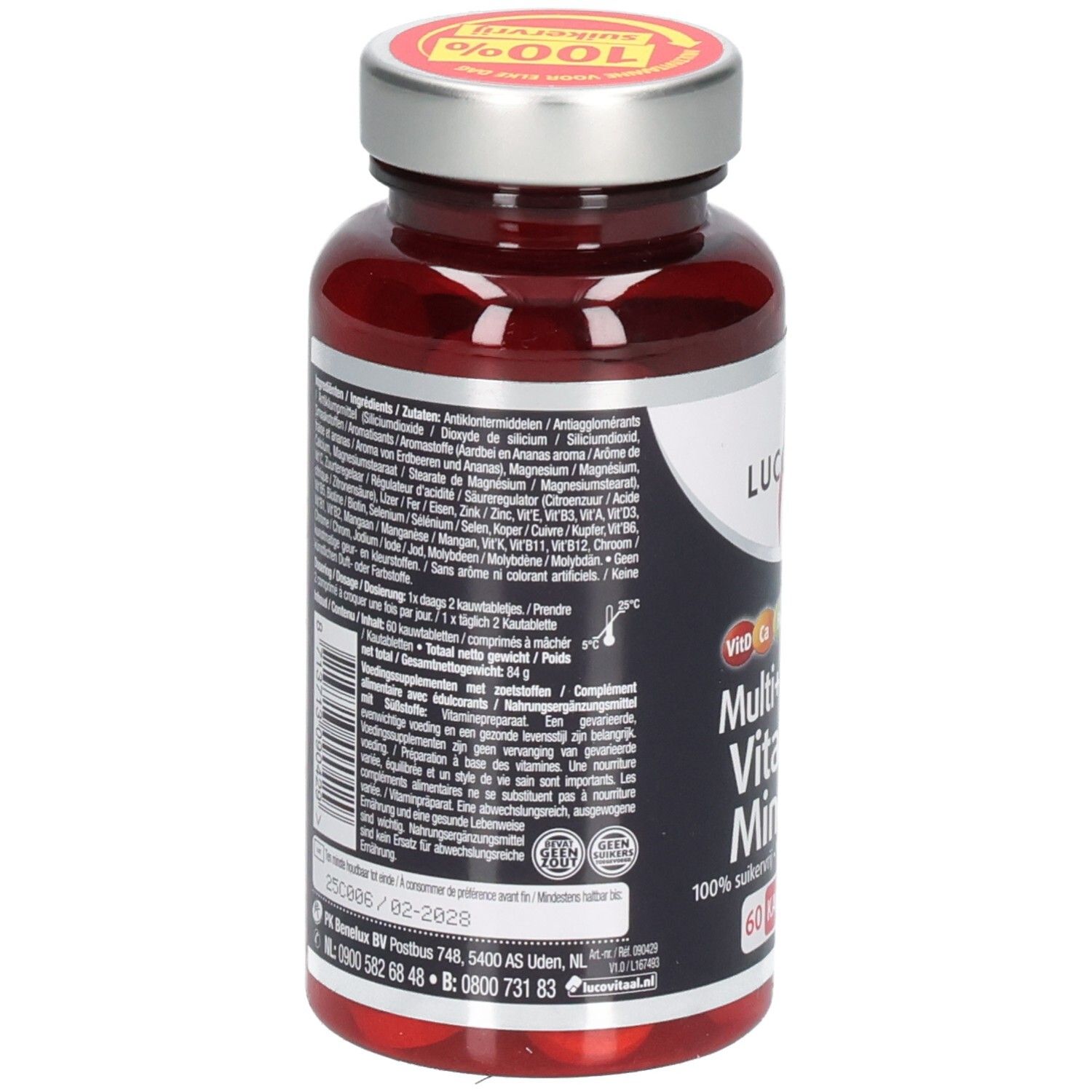 Achterkant van de fles met ingrediënten en fabrikant informatie. Opschrift: Lucovitaal, Multi+ Compleet Vitaminen Mineralen. 60 kauwtabletten.