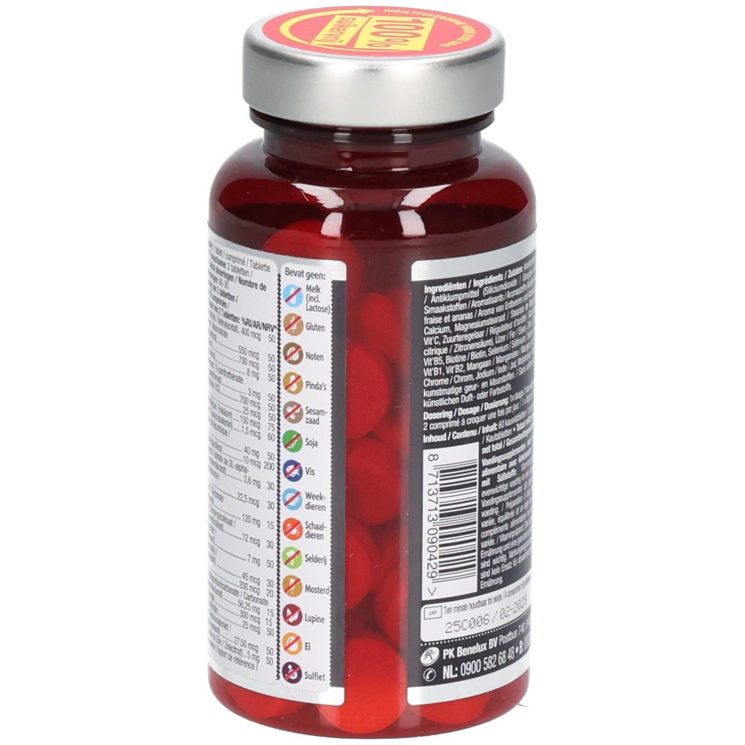 Fles met tabletten van de zijkant. Tabletten zichtbaar. Opschrift: Lucovitaal, Multi+ Compleet Vitaminen Mineralen. 60 kauwtabletten.