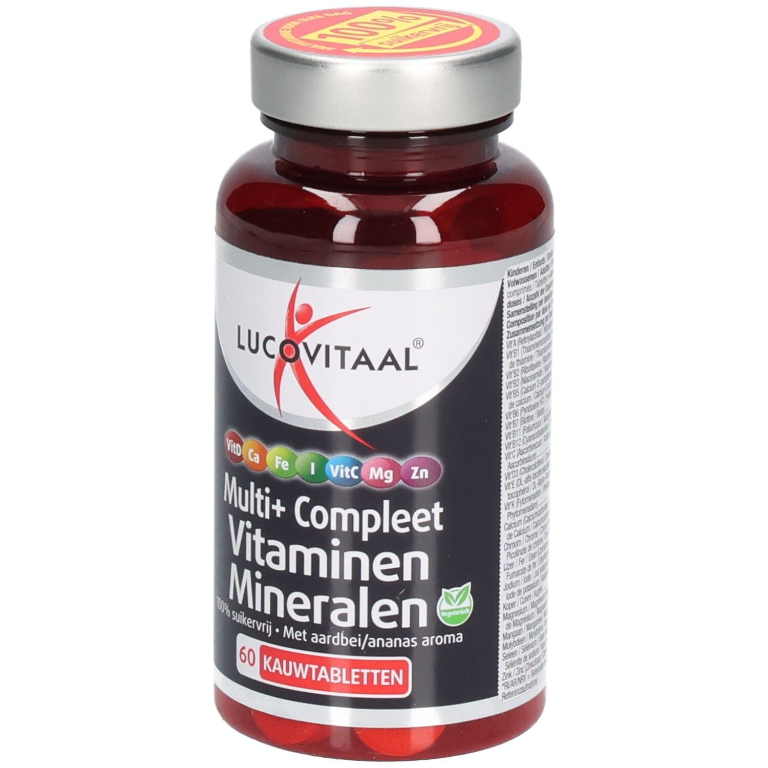 Bruine fles met tabletten. Opschrift: Lucovitaal, Multi+ Compleet Vitaminen Mineralen. 60 kauwtabletten. Dop met 100% sticker. Groen logo.