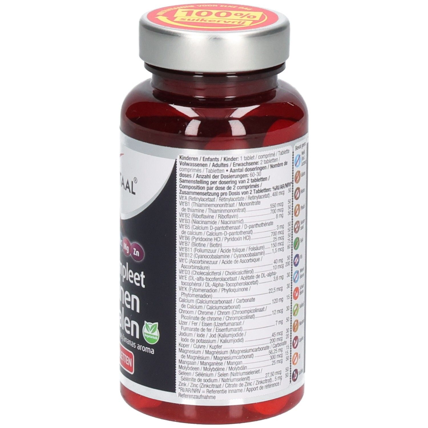 Achterkant van de fles met ingrediënten en dosering. Opschrift: Lucovitaal, Multi+ Compleet Vitaminen Mineralen. 60 kauwtabletten. Groen logo.