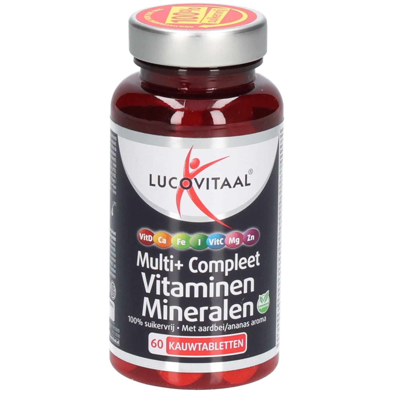 Bruine fles met tabletten. Opschrift: Lucovitaal, Multi+ Compleet Vitaminen Mineralen. 60 kauwtabletten. Dop met 100% sticker. Groen logo.