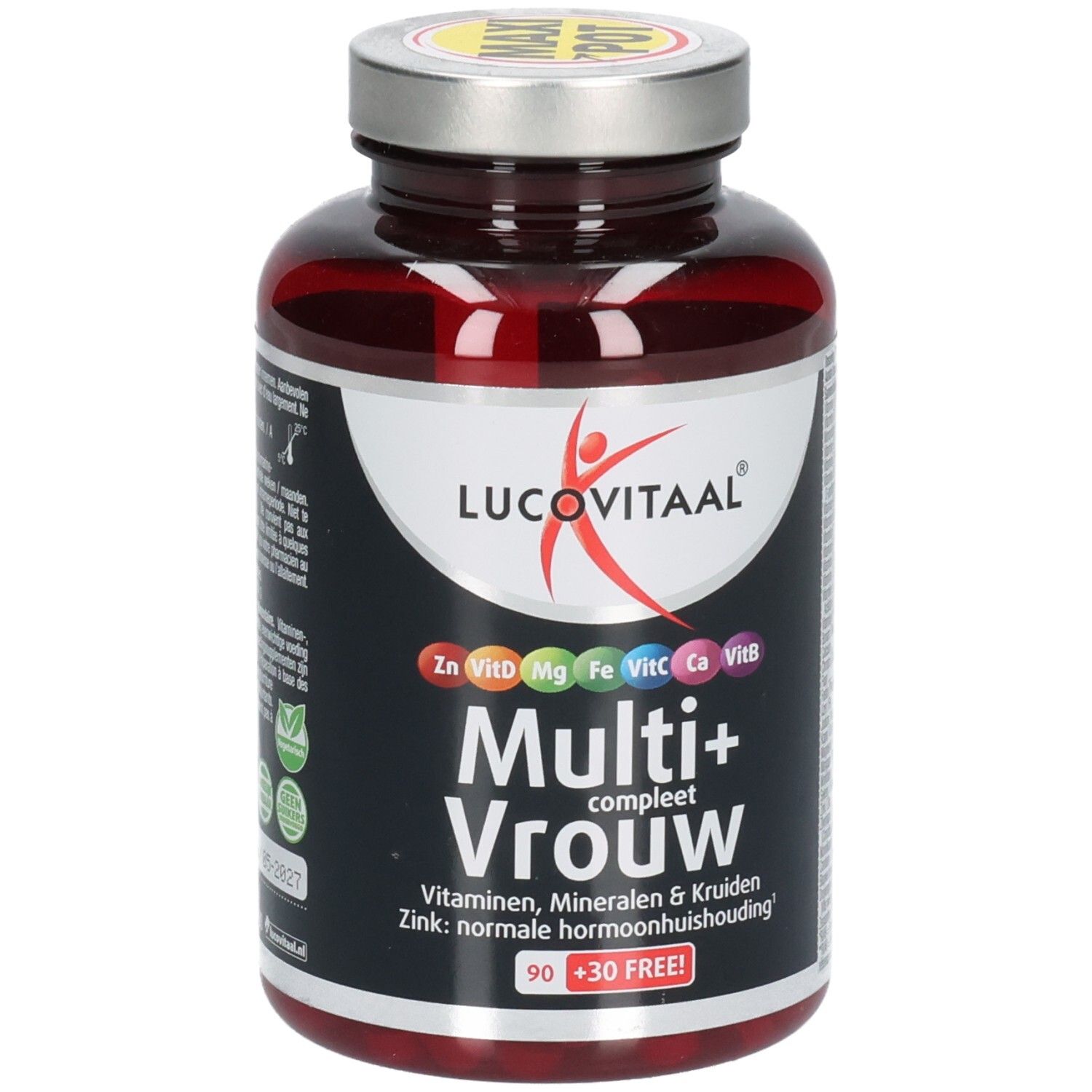 Bruine fles met capsules. Opschrift: Lucovitaal Multi+ Vrouw. Bevat vitaminen, mineralen en kruiden. 90+30 tabletten.