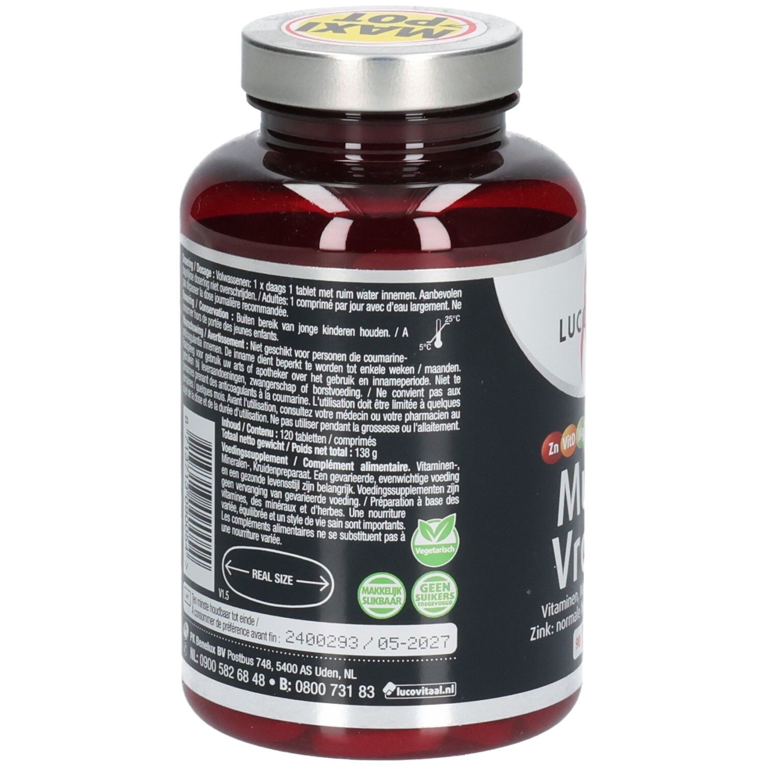 Achterkant van de fles met tekst. Bevat informatie over dosering, ingrediënten en waarschuwingen. Met keurmerken.