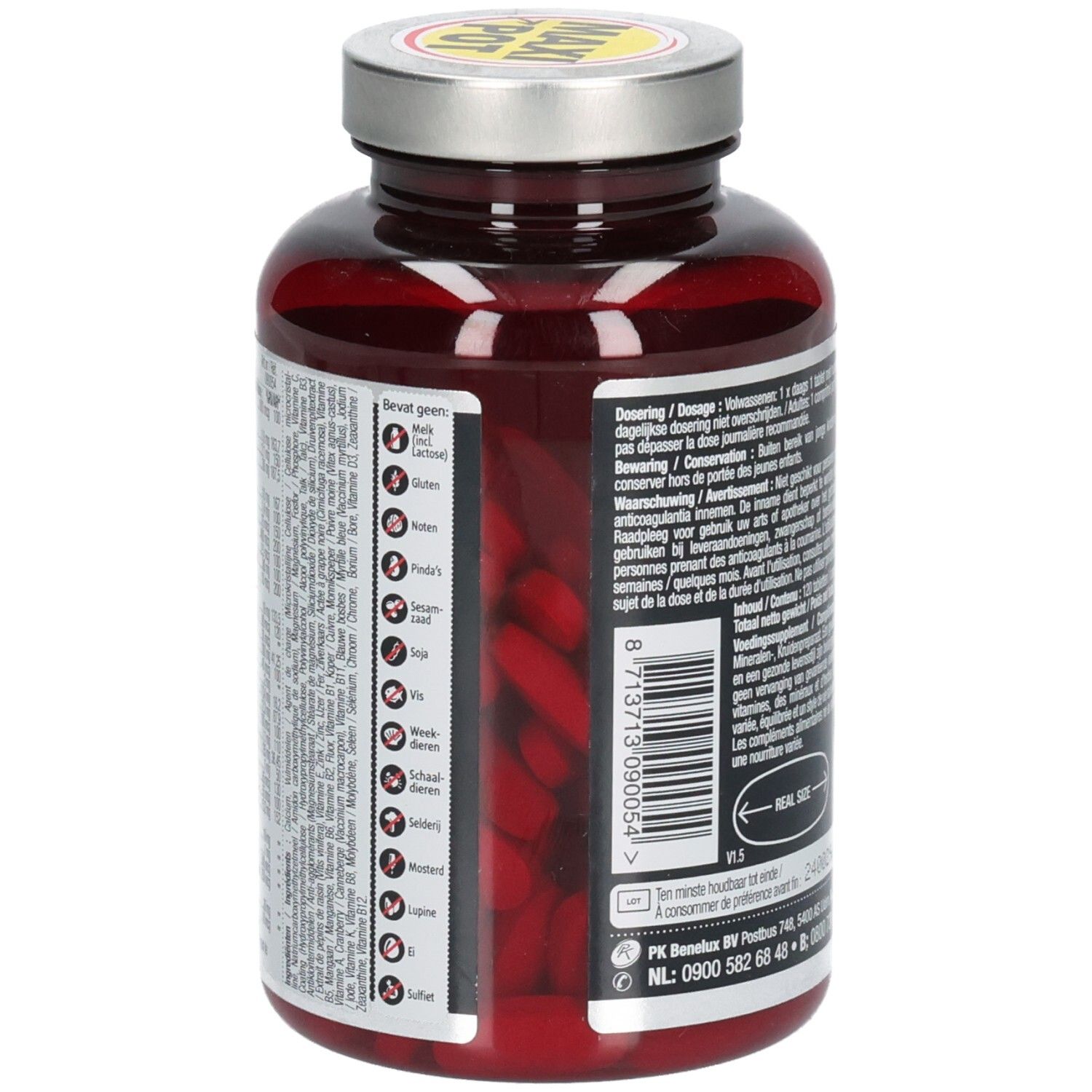 Achteraanzicht van de fles met capsules. Informatie en barcode op de achterkant.