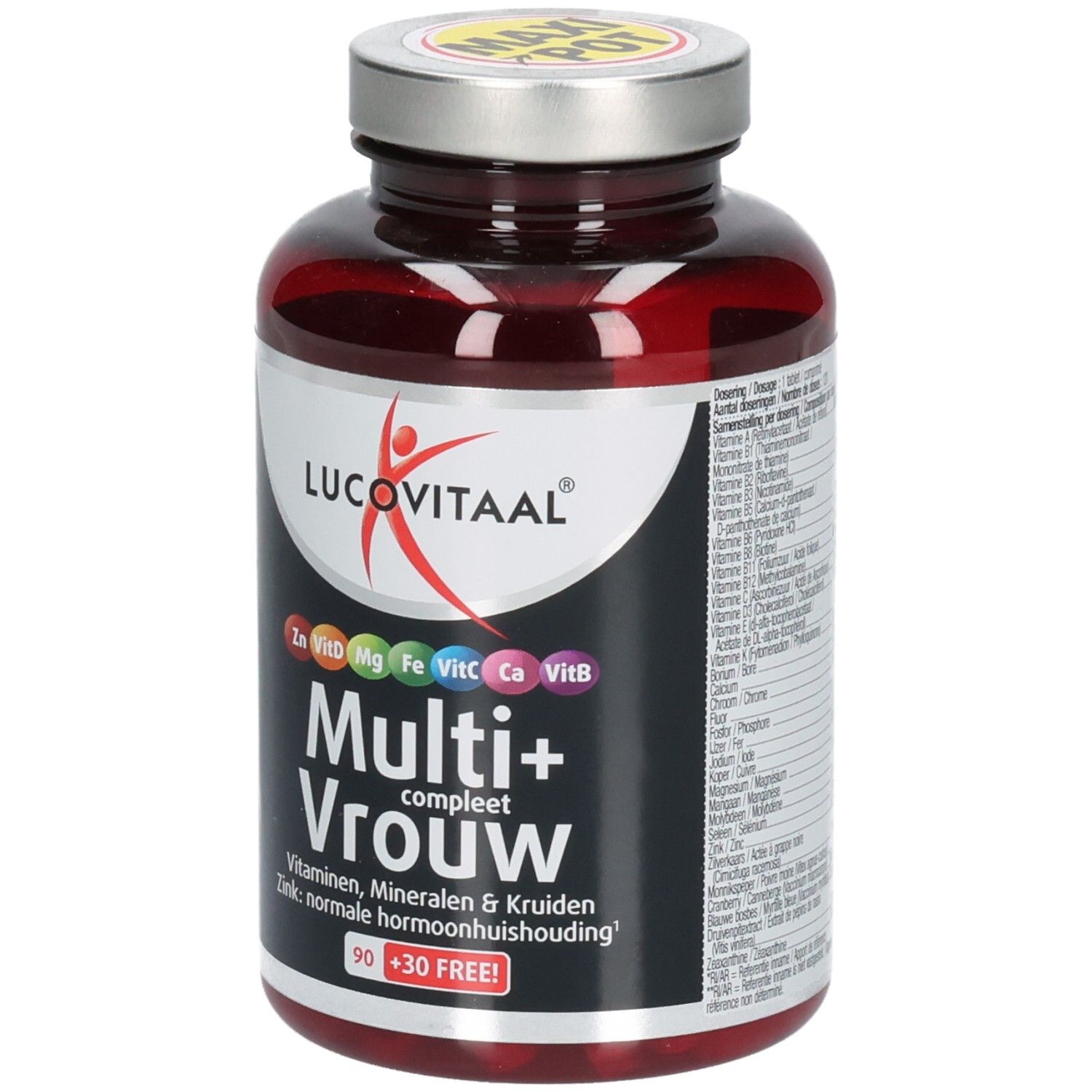 Bruine fles met capsules. Opschrift: Lucovitaal Multi+ Vrouw. Bevat vitaminen, mineralen en kruiden. 90+30 tabletten.